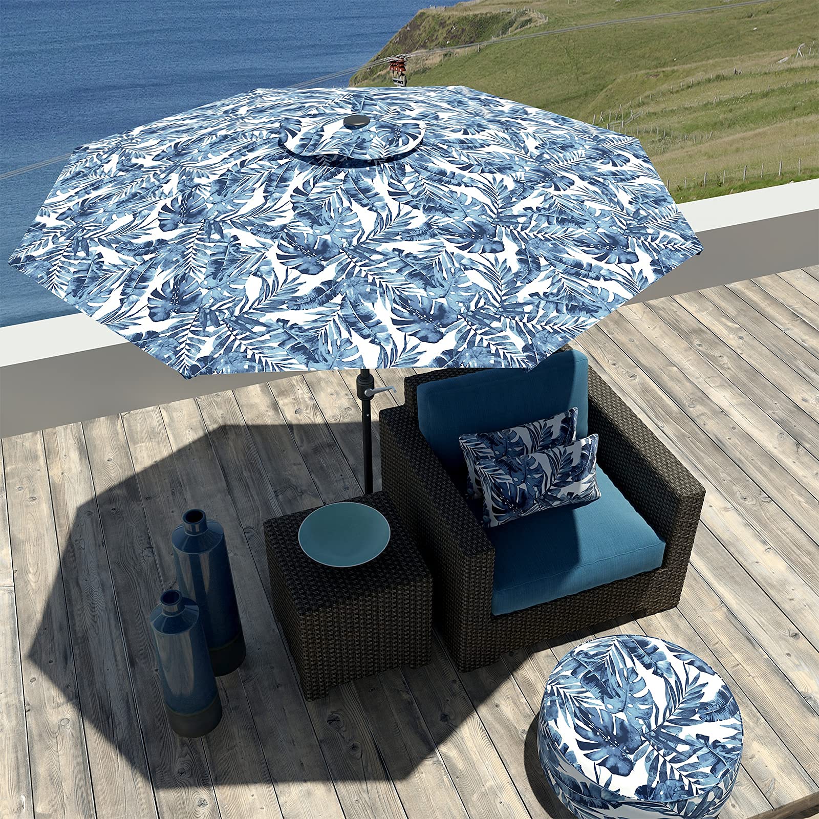 LTXIII 9' Outdoor Patio Umbrella with Push Button Tilt & Crank - Printed Market Garden Umbrella for Table, Backyard, Pool (8 Ribs) - Perfect for Outdoor Dining, Lounging & Poolside Relaxation