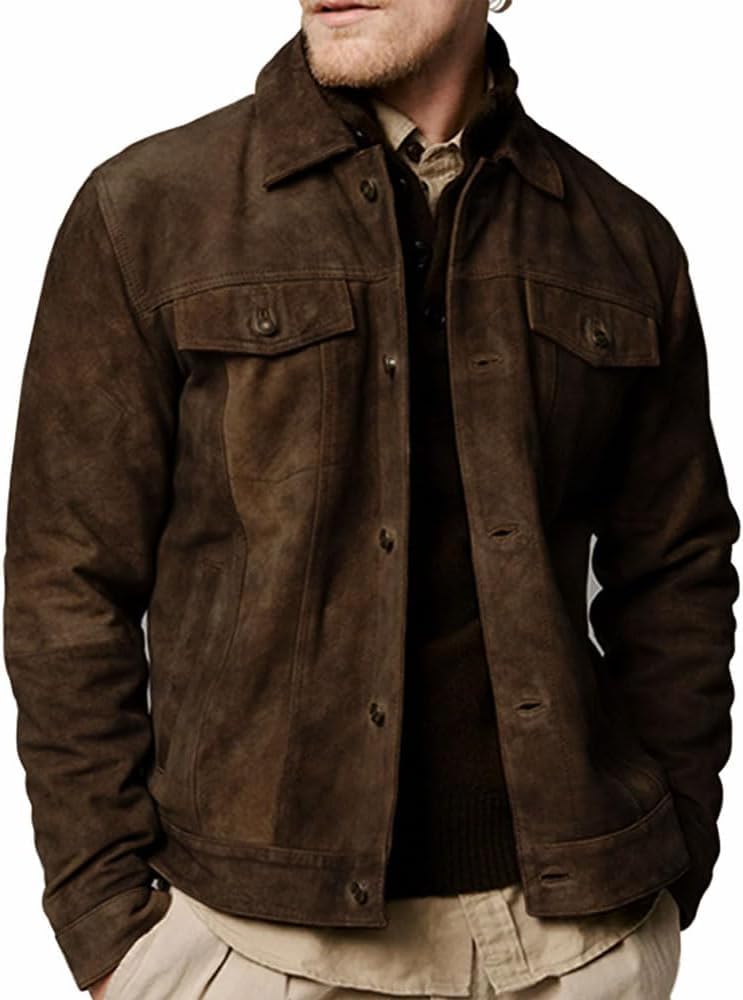 Premium Vintage Trucker Suede Leather Jacket for Men - Genuine Lambskin Leather Jacket with Shirt Collar | Casual Wear, Motorcycle Riding, Outdoor Adventures