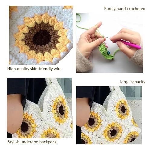 Sunflower Crochet Crossbody Bag for Women - Handmade Woven Tote Beach Purse, Large Knit Shoulder Bag for Vacation, Travel, Shopping & Summer Outfits (White-2)