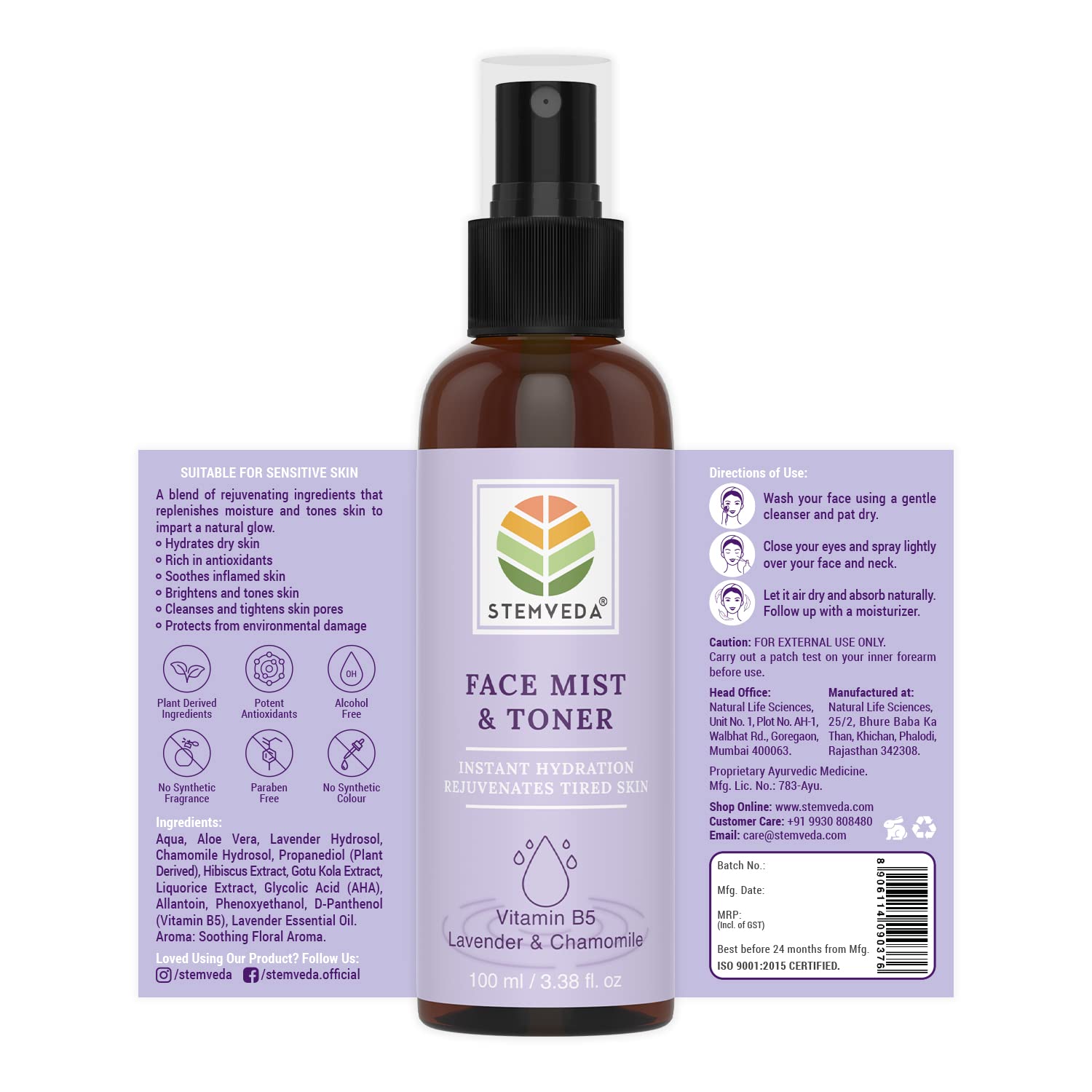 STEMVEDA Alcohol-Free Lavender & Chamomile Face Mist & Toner 100ml | Hydrating Antioxidant Facial Spray for Pore Minimizing, Glowing Skin | Sensitive Skin Friendly | Perfect for Travel, Post-Workout & Daily Skincare Routine