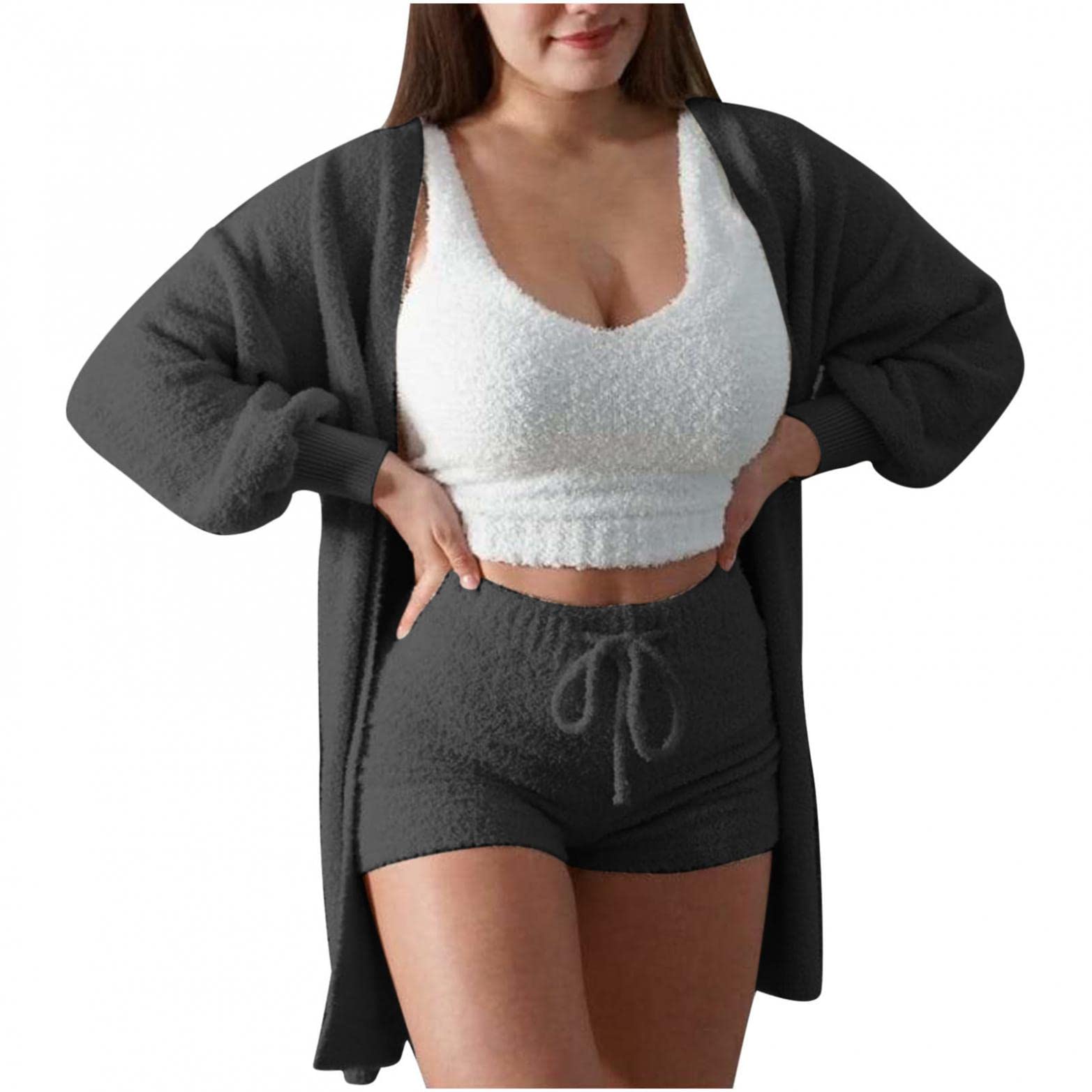 Women's 3-Piece Velvet Plush Hooded Cardigan Pajama Set - Soft Fluffy Lounge Wear for Winter, Cozy Home Outfit, Sleepwear & Relaxation (Perfect for Lounging, Sleepovers and Cold Weather Comfort)