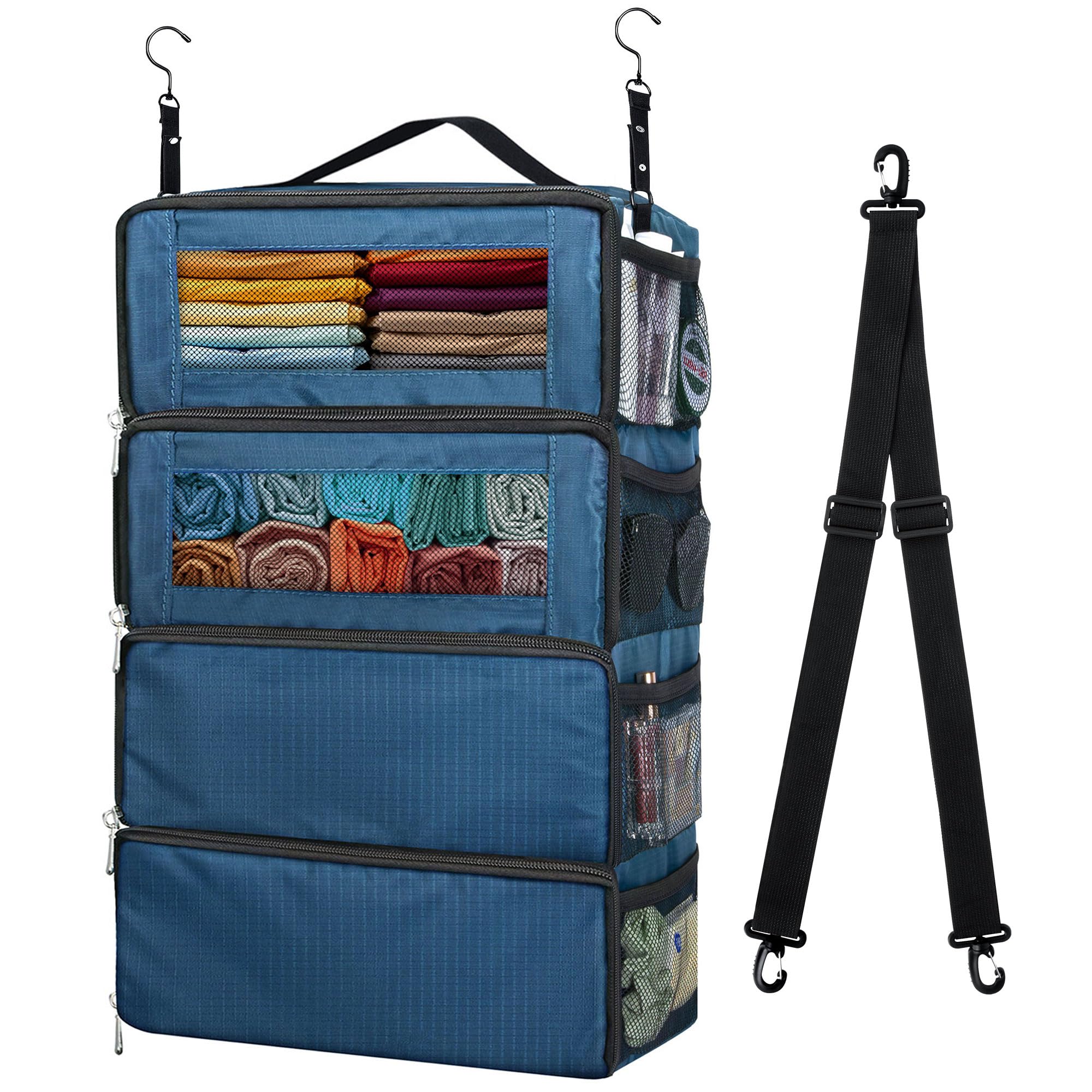 Foldable Hanging Travel Organizer for Suitcase - Portable Carry-On Luggage Storage with Shoulder Strap | Navy Blue Travel Backpack Accessory | Perfect for Business Trips & Weekend Getaways
