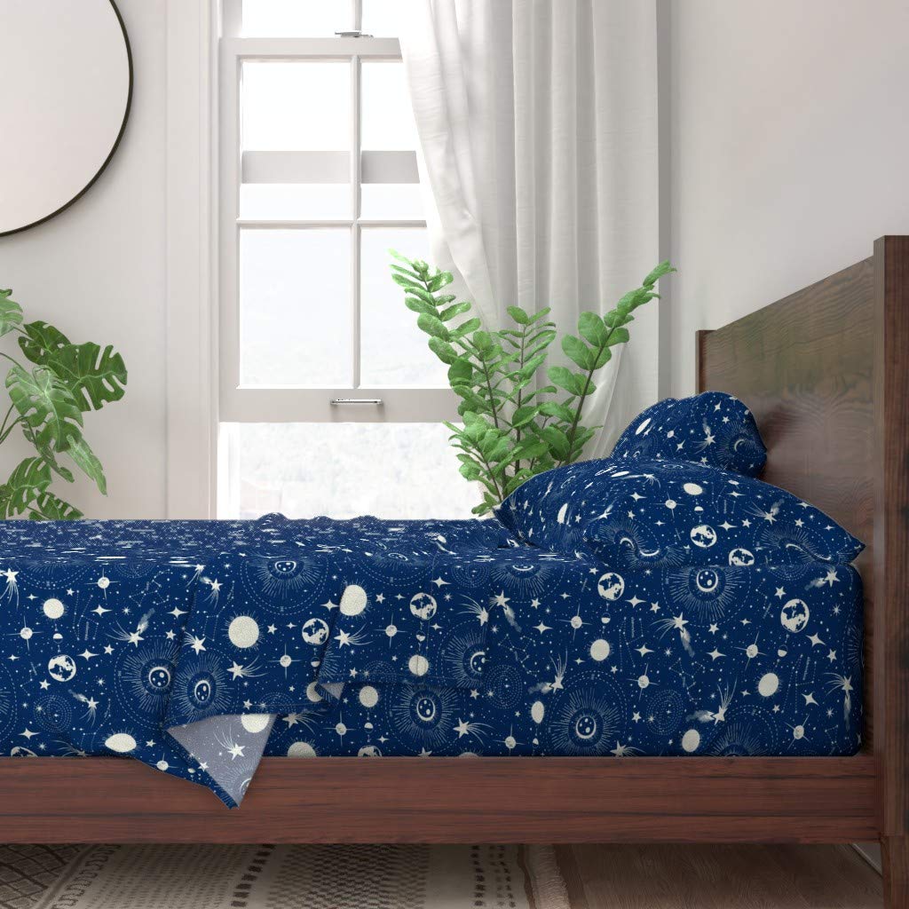 Solar System Blue Stars Space Moon Vintage Cotton Sheets - Twin 3pc Set | 100% Cotton Celestial Galaxy Print Bedding for Kids & Teens Room Decor | Perfect for Space-Themed Bedrooms & Astronomy Lovers