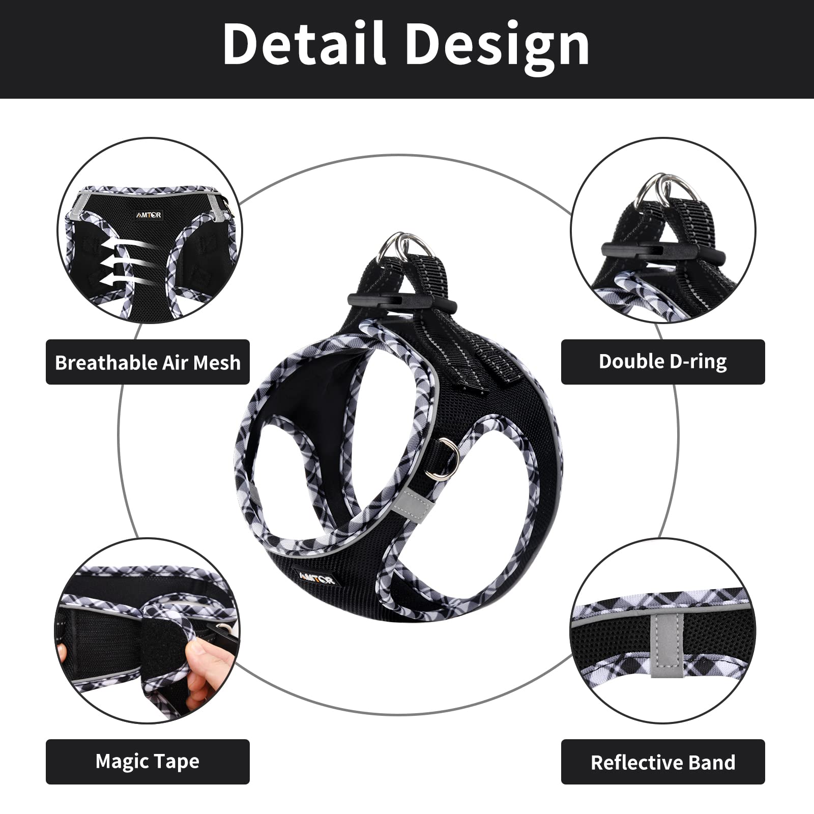 AMTOR No Escape Small Dog Harness with Leash Set - Adjustable Step-in Reflective Vest for XS/S/M/L Dogs - Perfect for Training, Walking & Night Safety (Black & White, XS) - Ideal for Puppies, Outdoor Adventures & Daily Walks