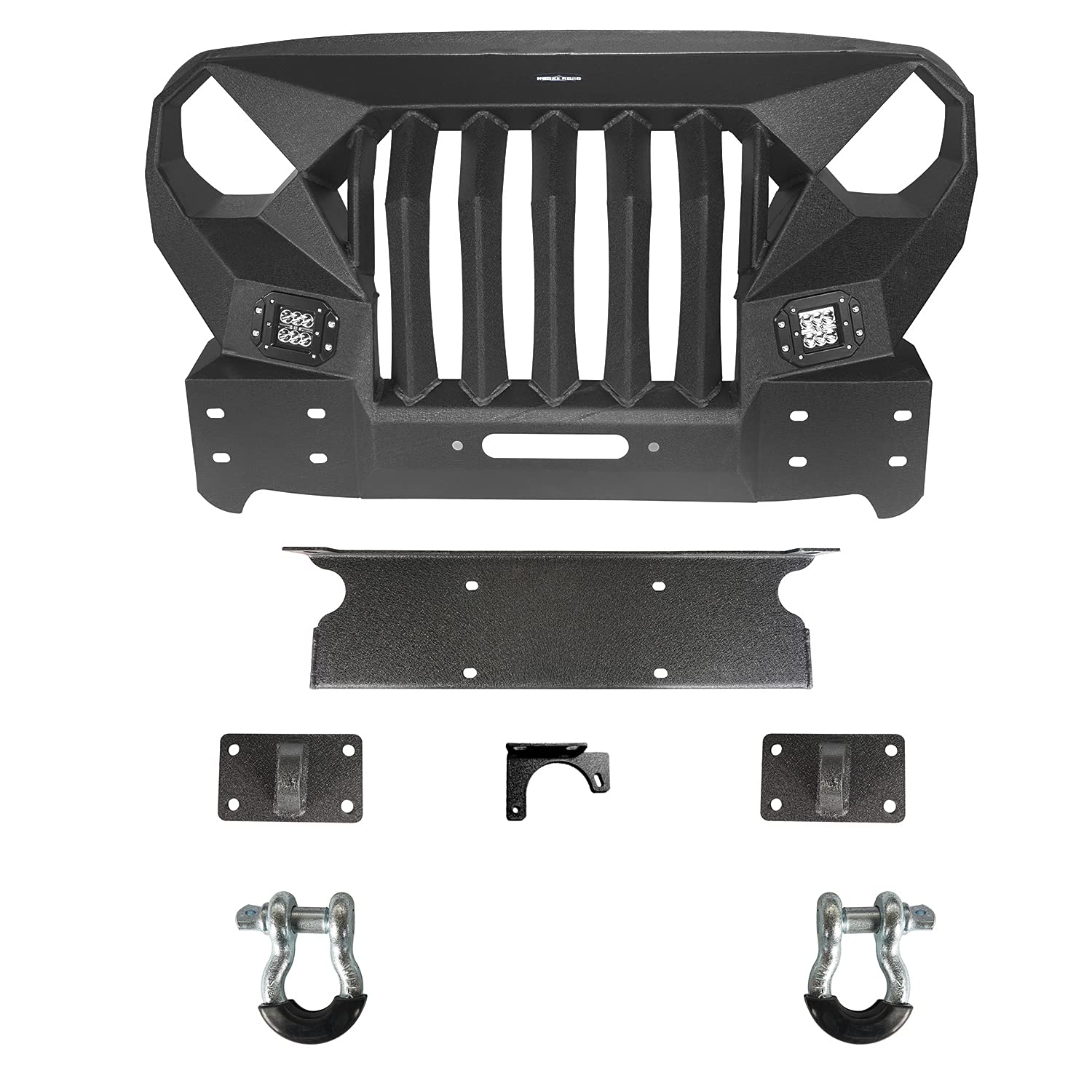 Jeep Wrangler JK Front Bumper Grill & Windshield Frame Cover Visor (2007-2018) - Textured Black with LED Lights | Off-Road Protection & Style Upgrade
