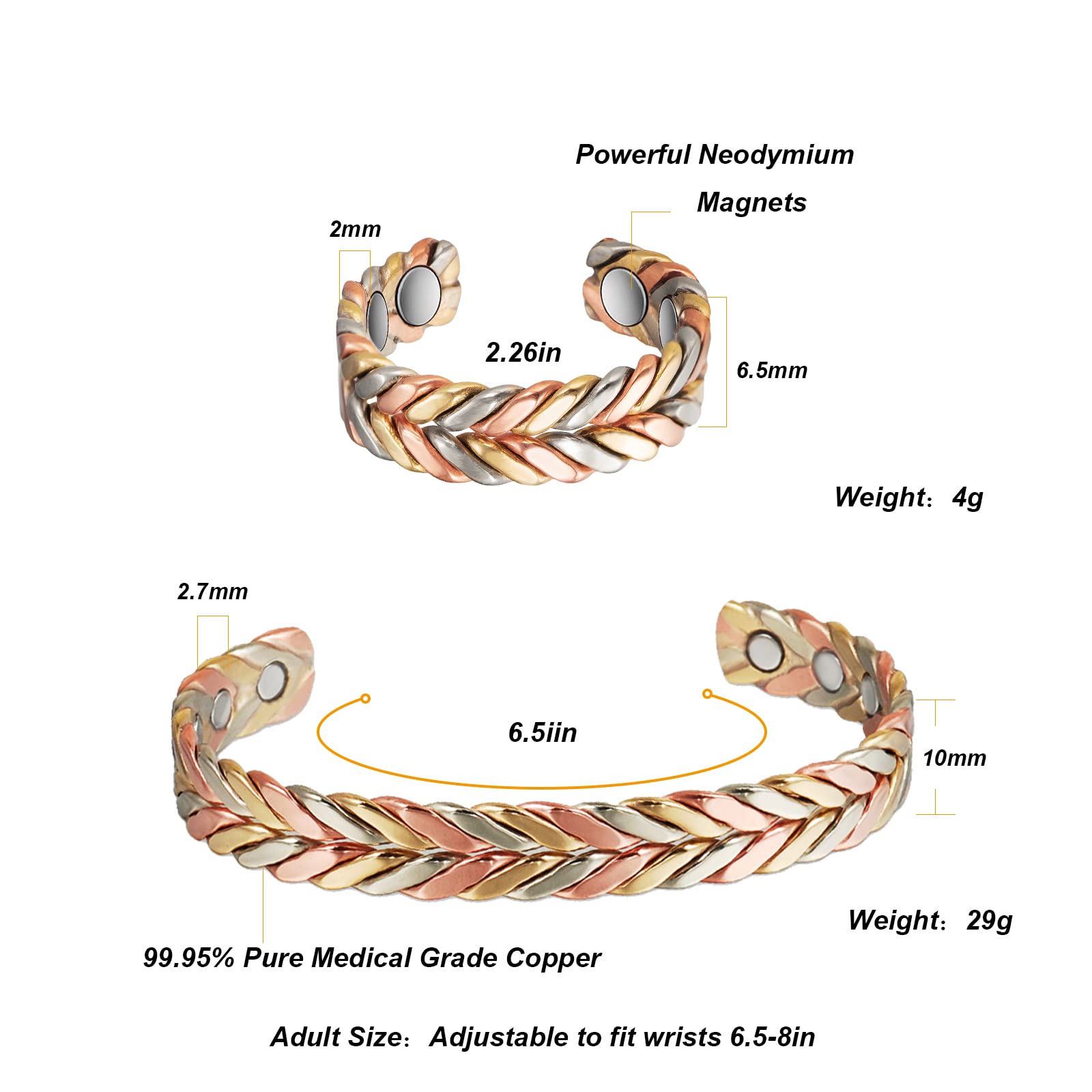 Pure Copper Magnetic Bracelet for Women - Adjustable Three-Color Gold Braid Fashion Jewelry, Arthritis Pain Relief & Wellness Gift (Ideal for Yoga, Meditation & Daily Wear)