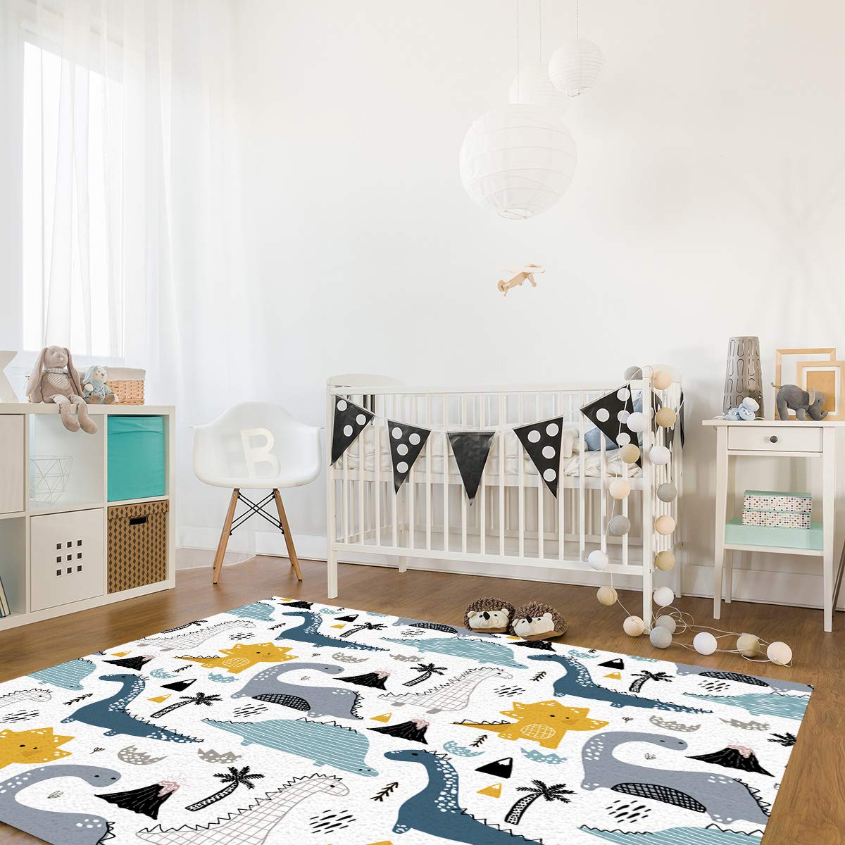 Dinosaur Themed 4x6 Feet Soft Shag Area Rug - Non-Slip Kids Play Mat for Nursery, Boys & Girls Bedroom | Cute Cartoon Design, Washable & Non-Shedding Carpet - Perfect for Playrooms, Living Rooms & Toddler Safe Flooring