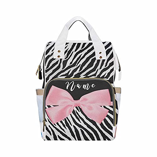Custom Photo Diaper Backpack - Personalized Zebra Print Pink Bow School Bag & Nursing Baby Bag | Fashion Unisex Shoulder Backpack for Travel, Daycare & Daily Use | Perfect Gift for Moms & Dads