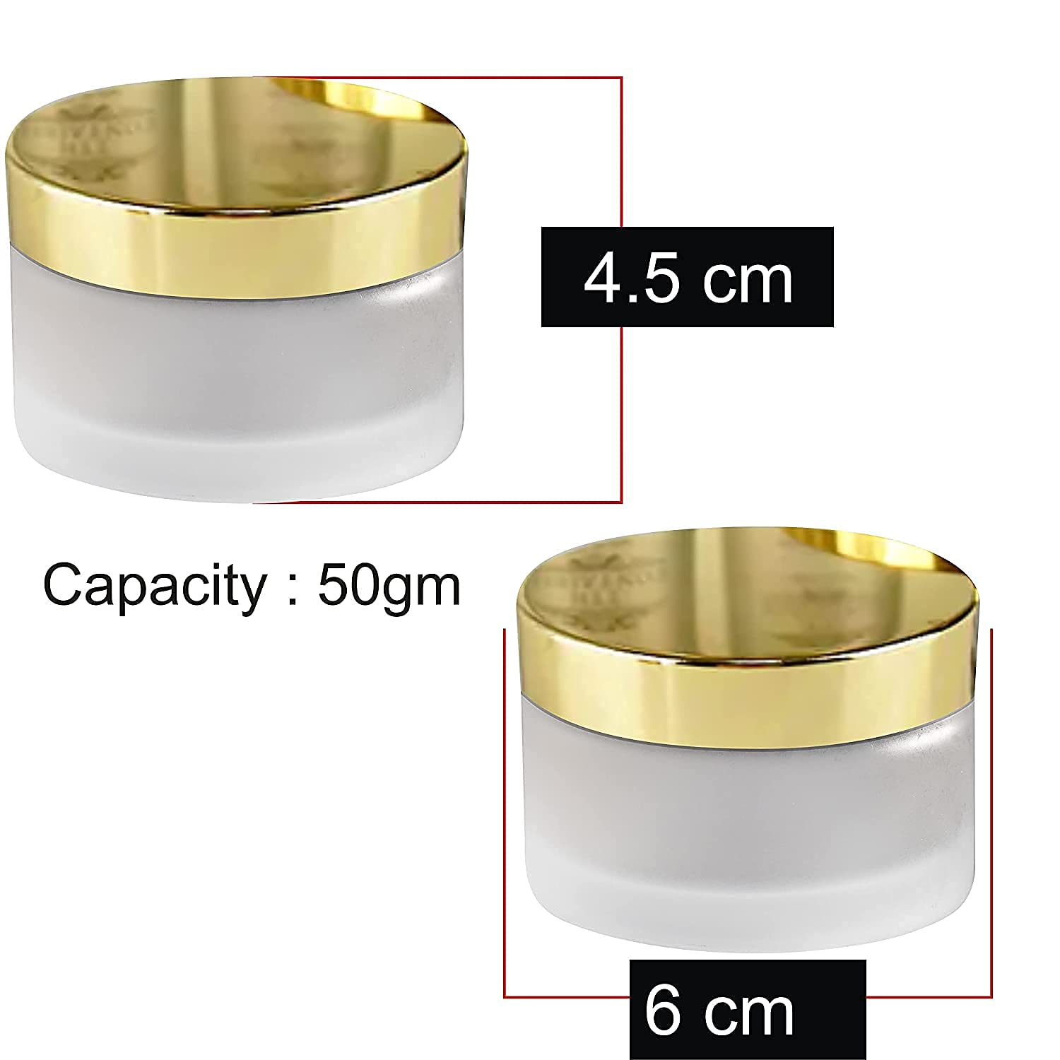 DINEMART 2-Pack 50g Frosted Glass Jars with Golden Caps & White Inner Lids - 100% Leak Proof Refillable Empty Cosmetic Containers for Creams, Lip Balm, DIY Skincare, Beeswax, Beauty Products | Perfect for Home Organizing, Travel & Gift Packaging