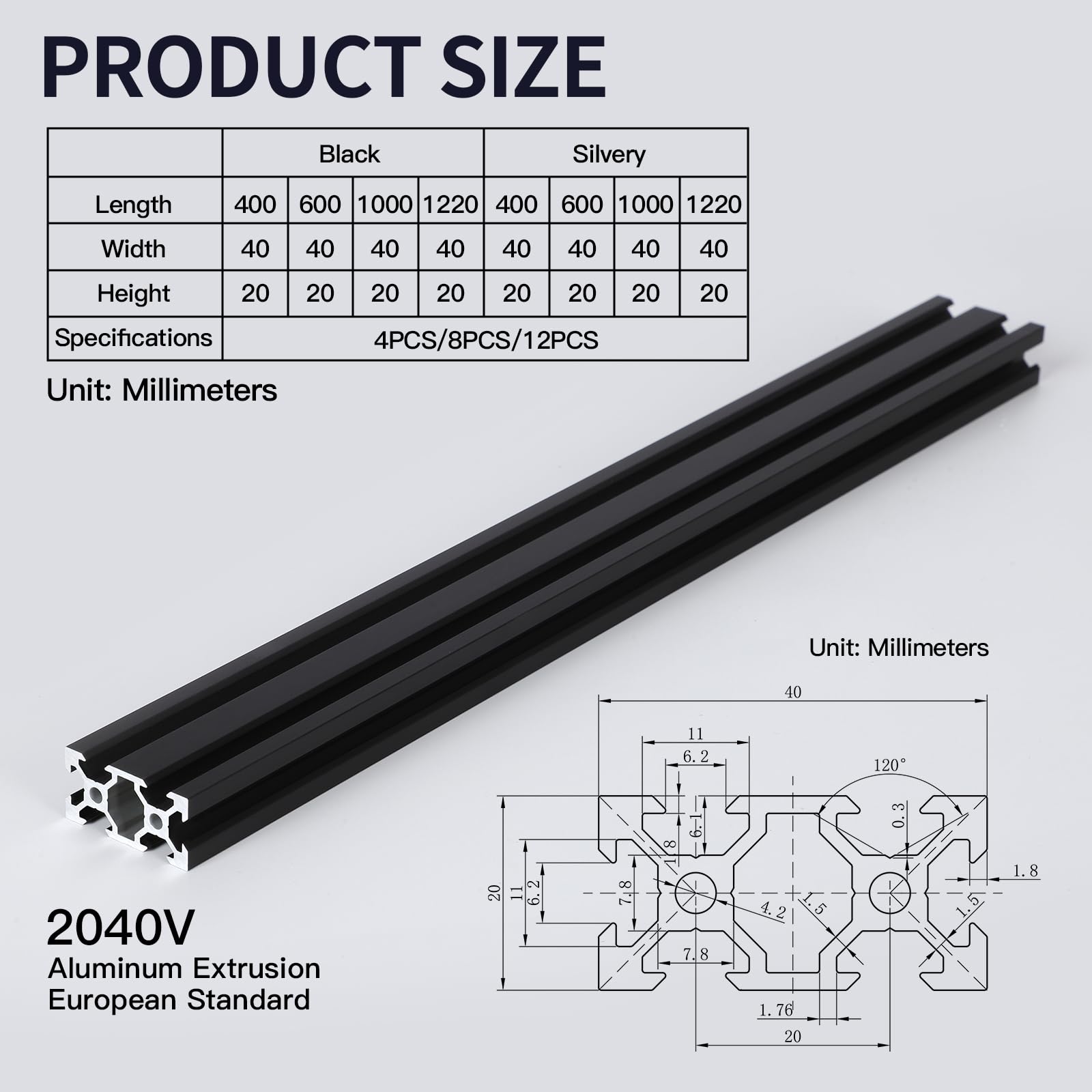 4Pcs 1220mm V-Slot 2040 Anodized Aluminum Extrusion Linear Rail - European Standard for 3D Printer Parts, CNC Machines & DIY Projects (Black) | Perfect for Building 3D Printers, CNC Routers & Industrial Automation Systems