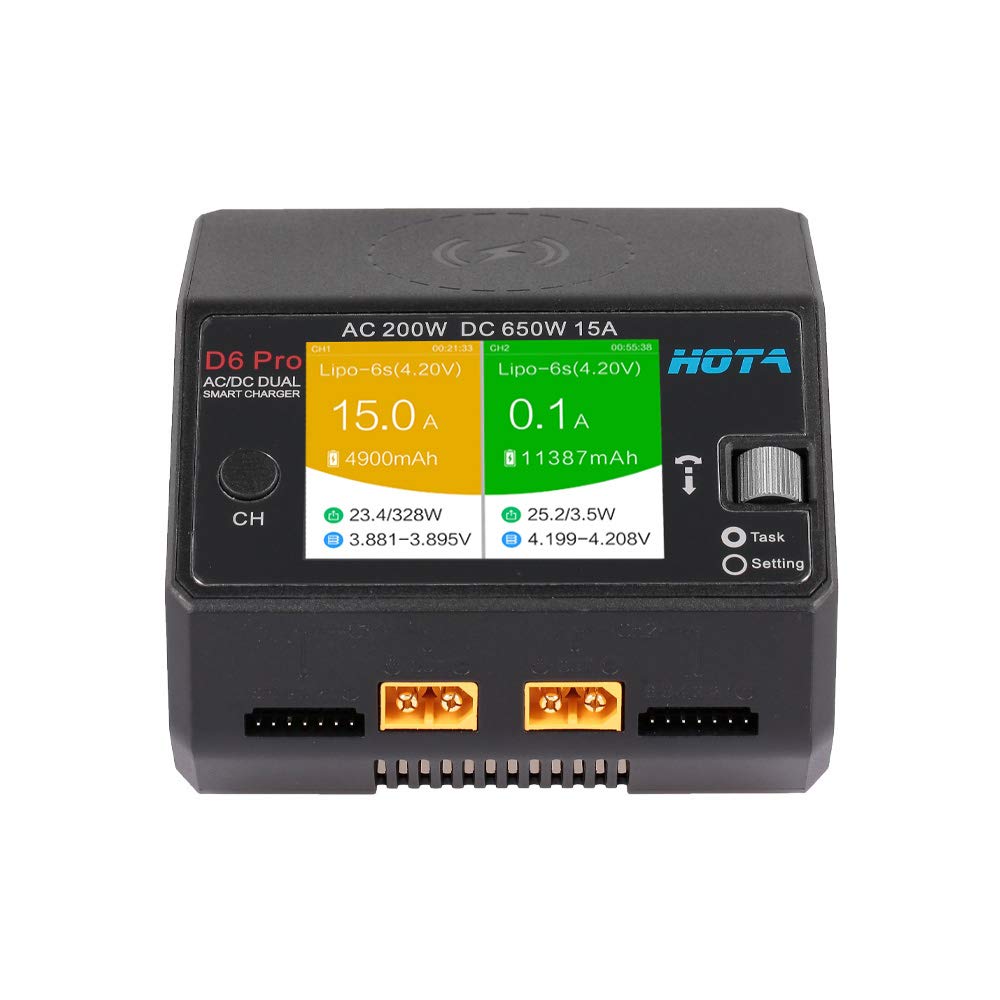 HOTA D6 Pro 200W AC/650W DC Lipo Battery Charger - 15A for LiHv, NiCd, NiMH Batteries with Balance & Phone Wireless Charging - Perfect for RC Cars, Drones, and Hobby Parts