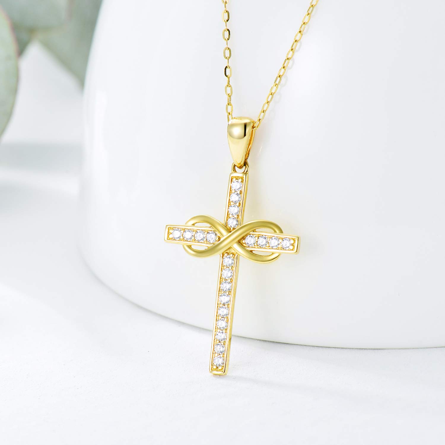 14K Gold Cross Necklace for Women - Classic Crucifix & Infinity Pendant Religious Jewelry, 16+2 Inch Adjustable Chain, Perfect for Anniversary, Mother's Day Gifts, Baptism, Church Wear & Everyday Elegance