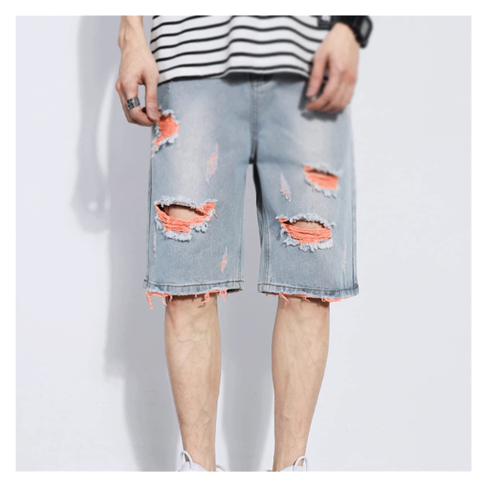 Men's Summer Ripped Denim Shorts - Straight Fit High Street Knee-Length Jeans Shorts (Color: A, Size 33) | Casual Wear, Beach Outings & Street Style Fashion