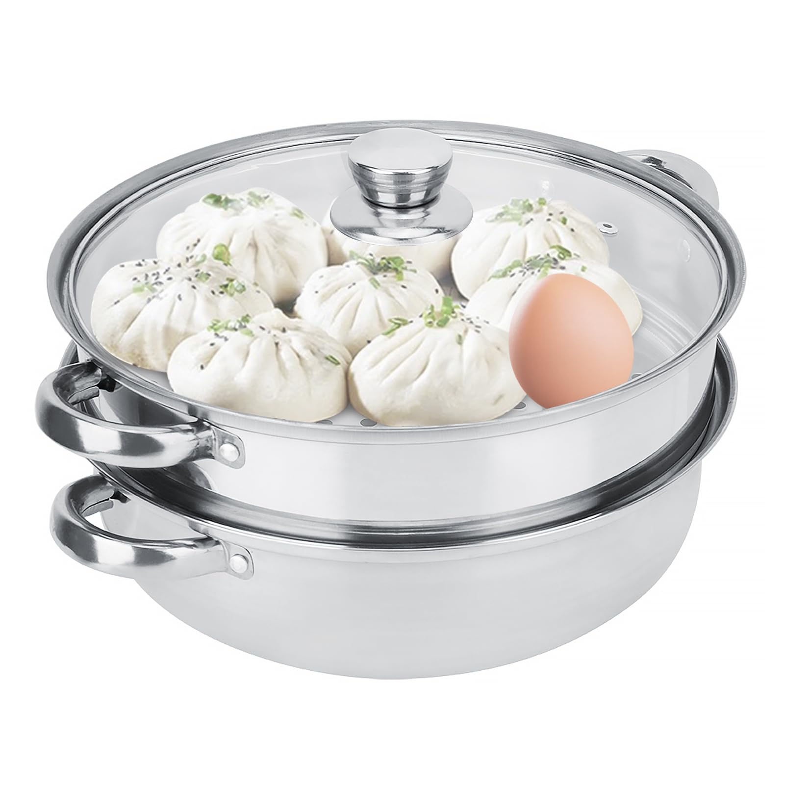 Oumefar 11-inch Stainless Steel 2-Layer Steamer Pot Set with Glass Lid - Multipurpose Cooking Pot for Dumplings, Vegetables, Seafood & More | Perfect for Home Kitchen, Meal Prep & Healthy Cooking