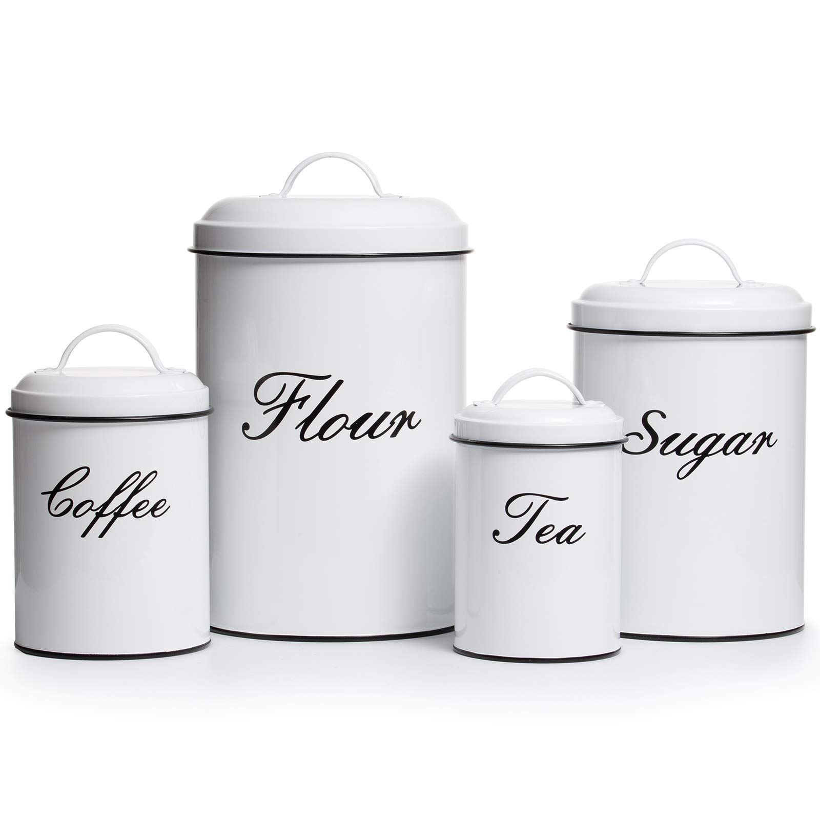 Vintage Farmhouse Canister Set - 4-Piece Stainless Steel Food Storage Containers with Airtight Lids - White Kitchen Countertop Organizer for Flour, Sugar, Coffee & Dry Goods - Perfect for Farmhouse, Rustic & Modern Kitchens