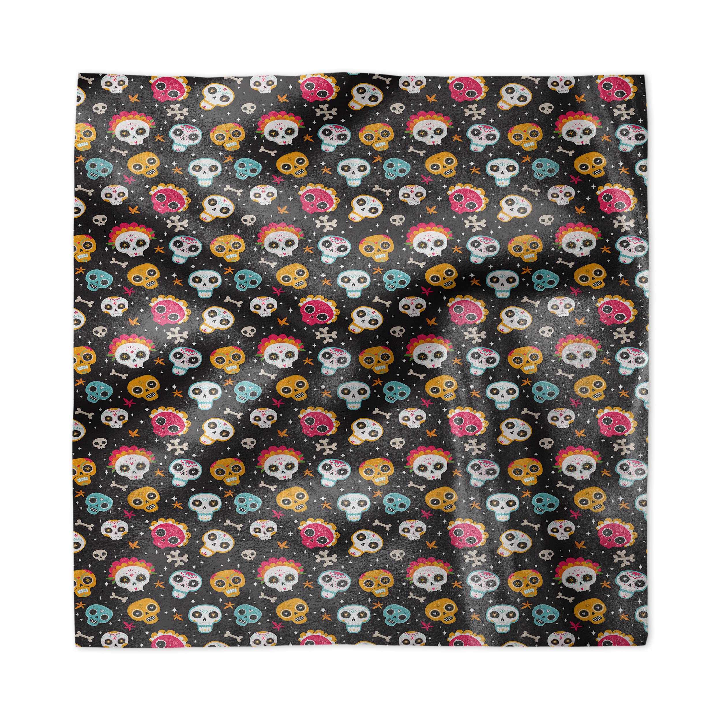 Ambesonne Sugar Skull Decorative Satin Napkins Set of 4 - Colorful Traditional Mexican Day of the Dead Design with Floral & Star Patterns on Dark Backdrop - 12x12 Inch Square Printed Party & Dinner Napkins - Perfect for Halloween, Dia de los Muertos Celebrations & Festive Gatherings