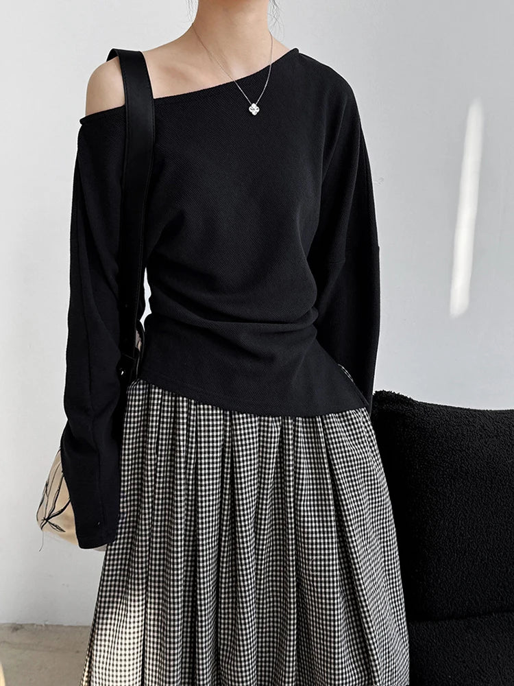 Black Pleated Sweatshirt for Women - Oversized Drop Shoulder Long Sleeve Pullover with Asymmetrical Collar | Trendy 2025 Fall Fashion | Perfect for Casual Outings, Layering & Streetwear Style