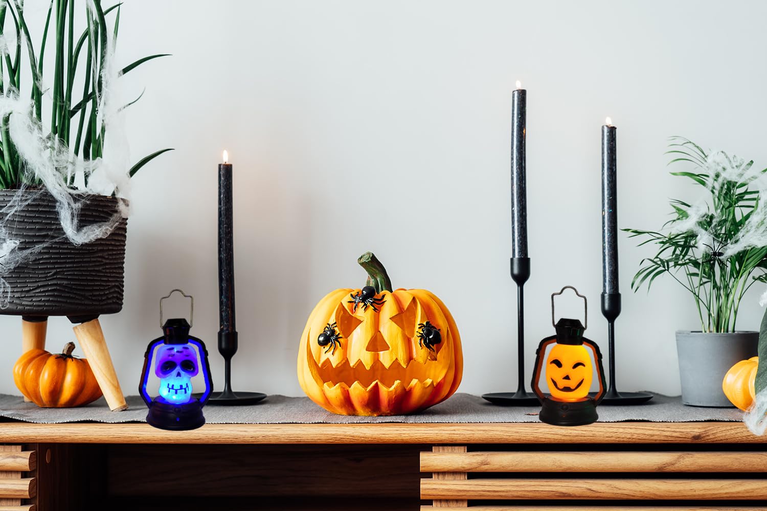 Halloween Mini Flashing LED Lanterns - 4 Pack Spooky Orange Pumpkin & Skeleton Handheld Lights for Trick or Treat, Party Decorations, Haunted House, and Outdoor Nighttime Events