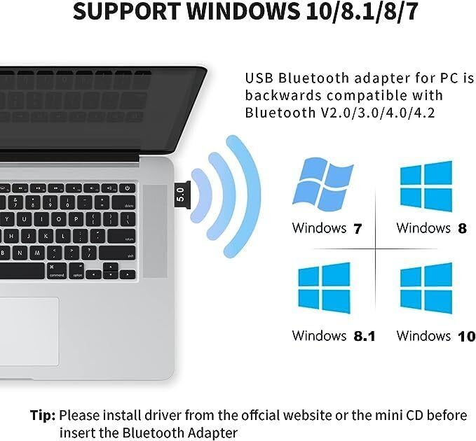USB Car Bluetooth 5.0 Adapter - Wireless Mini Dongle Transmitter for PC, Laptop, Headset, Speaker, Keyboard, Mouse & Printer - Plug & Play with Windows 10/11 Support - Perfect for Hands-Free Calling & Wireless Audio in Car or Office