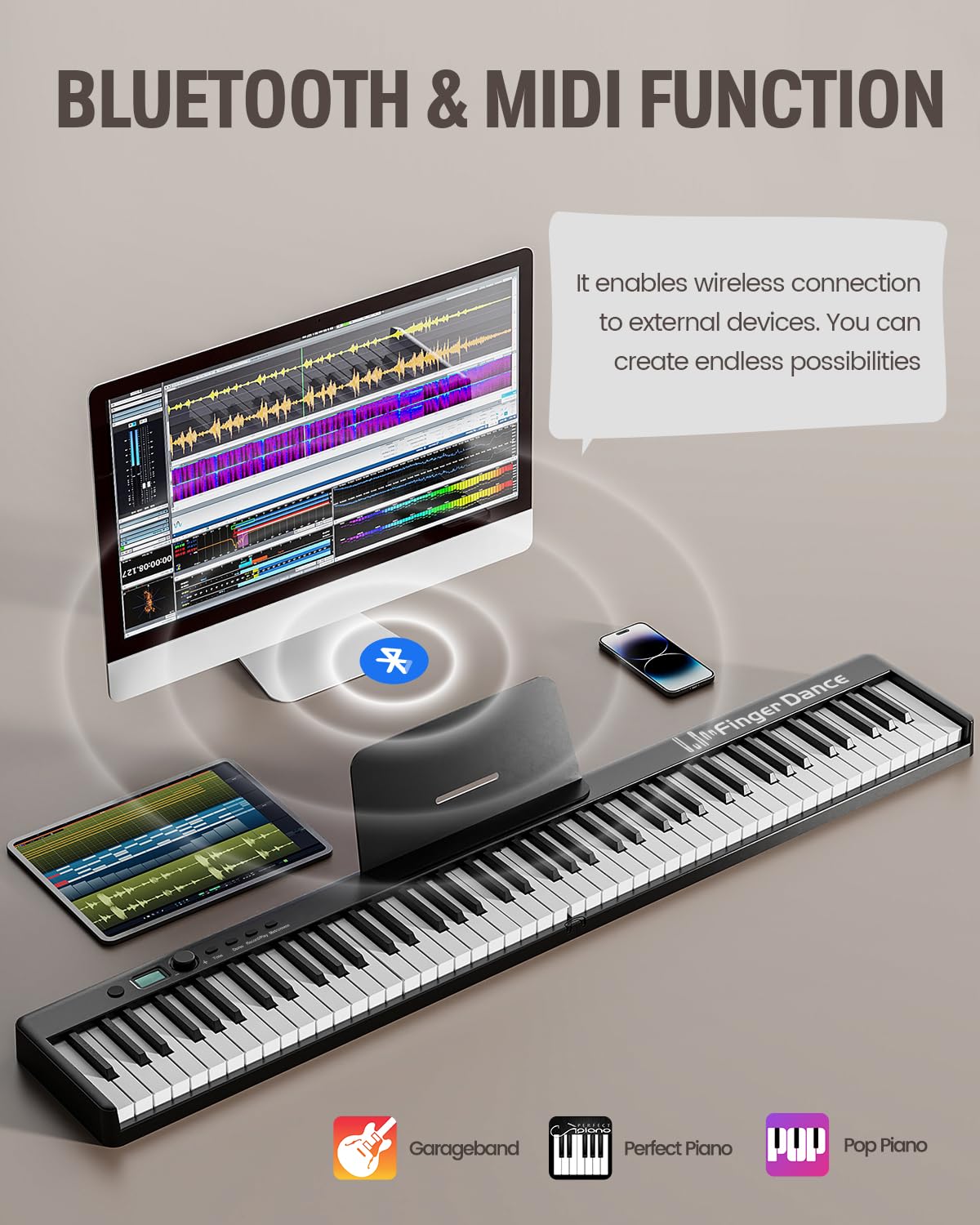88-Key Portable Folding Piano Keyboard with Bluetooth MIDI | Full-Size Digital Piano with Wood Grain Finish | Semi-Weighted & Touch Sensitive Keys | Includes Storage Bag - Perfect for Beginners, Travel & Home Practice