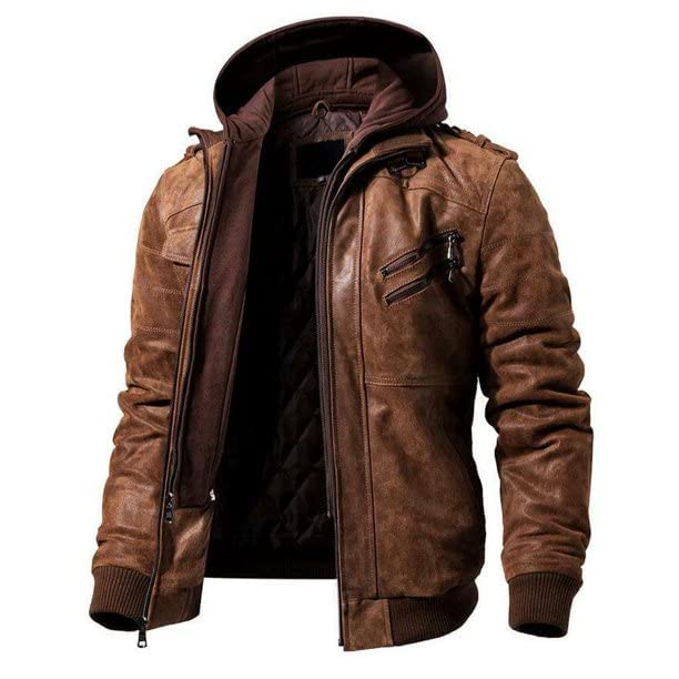 Men's Brown Genuine Leather Motorcycle Jacket with Detachable Hood - Windproof Biker Jacket for Riding, Outdoor Adventures & Casual Wear