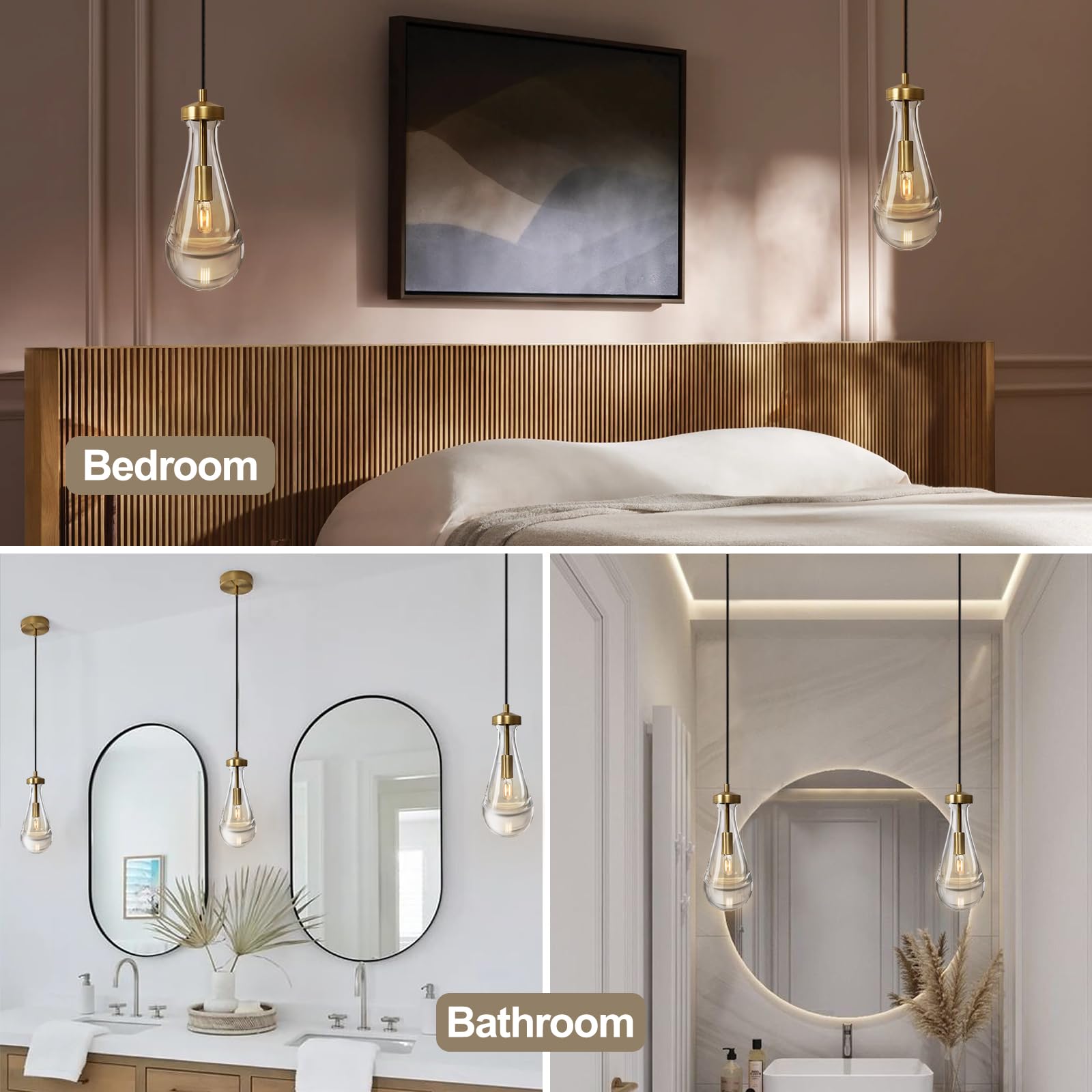 Modern Brass Pendant Light Fixtures Set of 2 with Raindrop Glass, Kitchen Island Lighting, Dining Room Chandelier for Porch, Living Room, Dining Table, E12 LED Bulb, Perfect for Farmhouse, Cafe, and Bedroom Decor