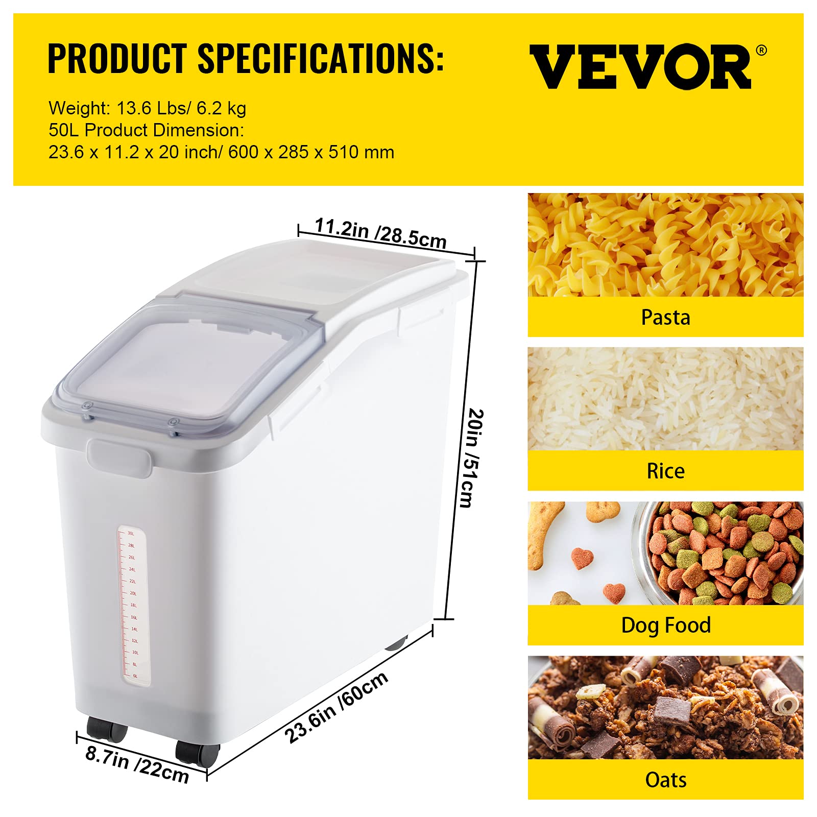 VEVOR 11.4 Gallon Commercial Ingredient Storage Bin with Lid & Scoop - 280 Cup Capacity Flour & Rice Container on Wheels - White Kitchen Organization for Bakeries, Restaurants & Bulk Food Storage