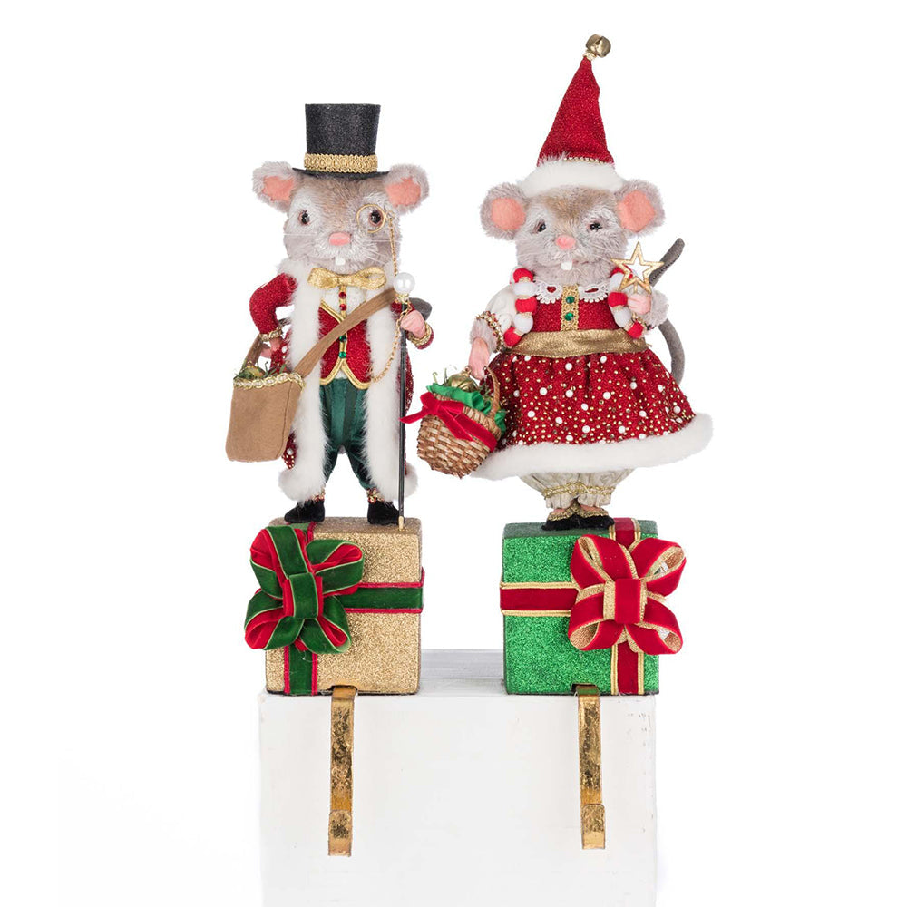 Christmas Ball Mouse Stocking Holders - Set of 2 Adorable Festive Hangers for Fireplace Mantel Decor by Katherine's Collection - Perfect for Holiday Home Decor & Christmas Stocking Display