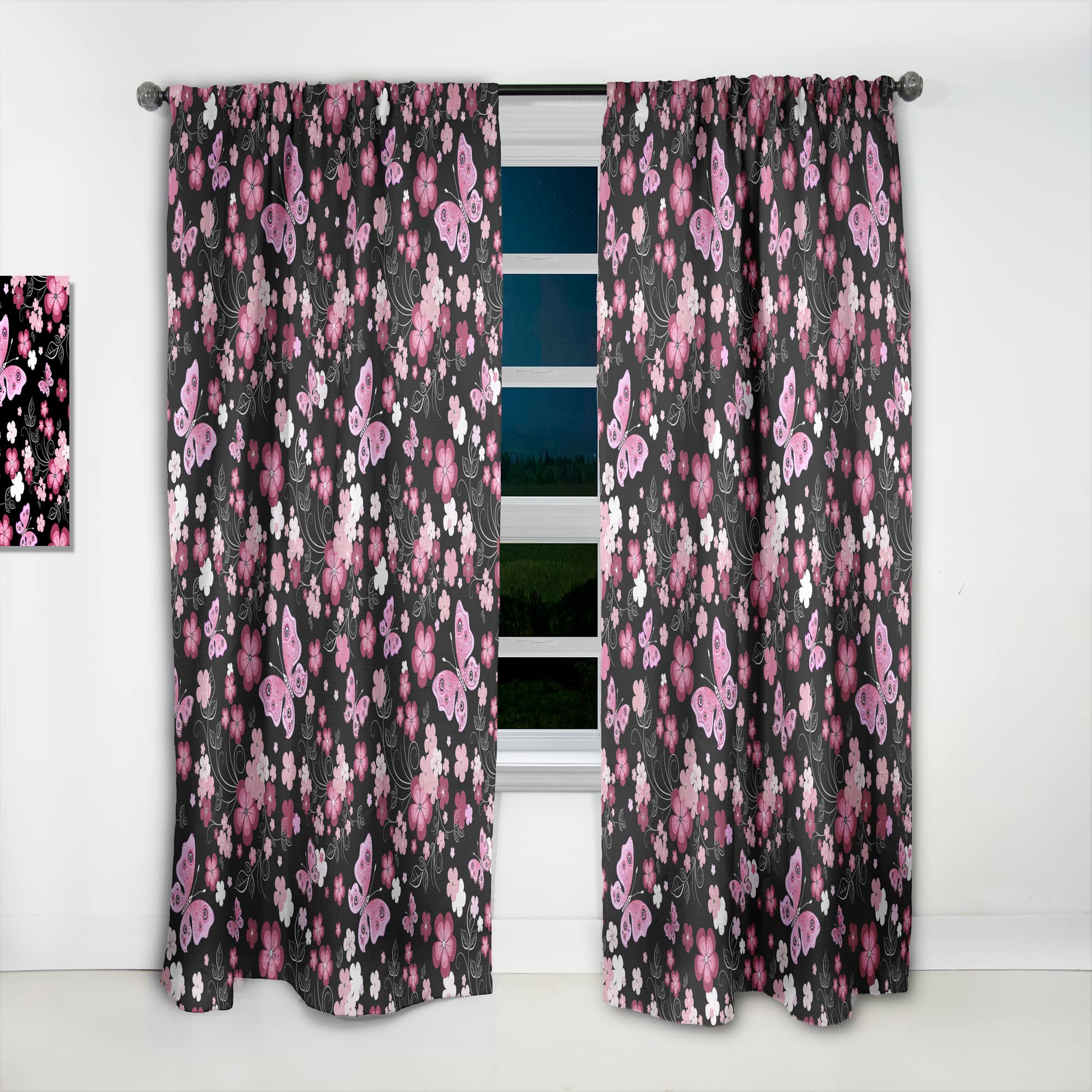 DesignQ Pink Floral Butterfly Blackout Curtains - Thermal Insulated Single Panel 52x90 Inch - Elegant Window Treatments for Bedroom & Living Room (Perfect for Home Decor, Privacy & Light Control)