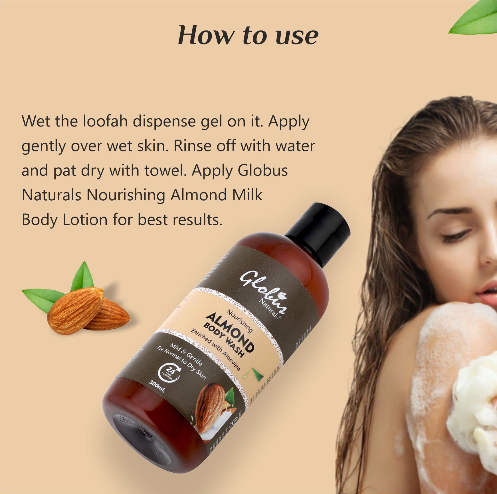 Globus Naturals Nourishing Almond Milk Body Wash 300ml - Hydrating & Moisturizing Shower Gel for Dry Skin - Perfect for Daily Use in Bath & Shower Routine