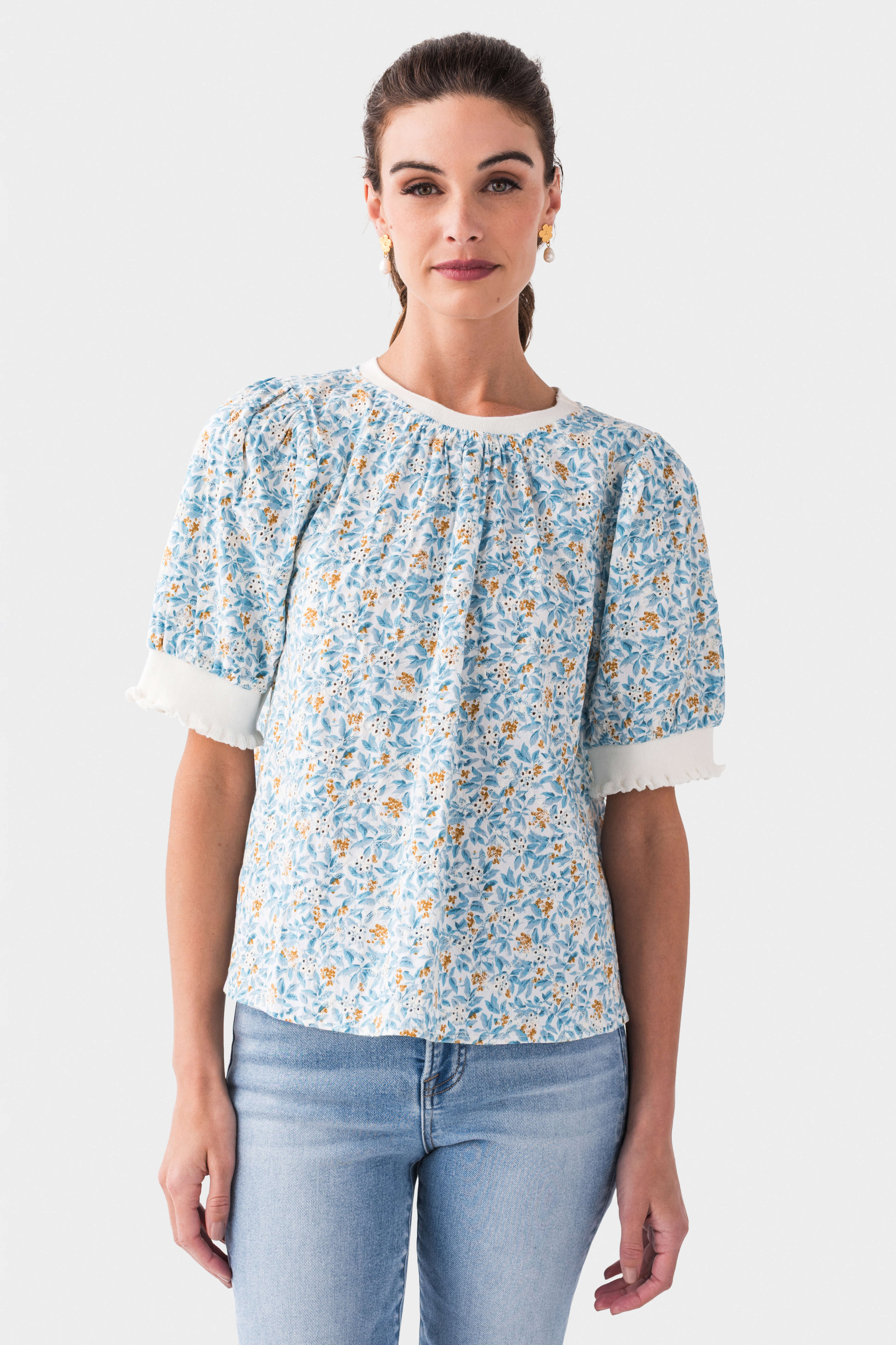 Voy Floral Print Embroidered Puff Sleeve Blouse for Women | Elegant Spring Summer Tops | Perfect for Date Night, Office Wear & Casual Outings