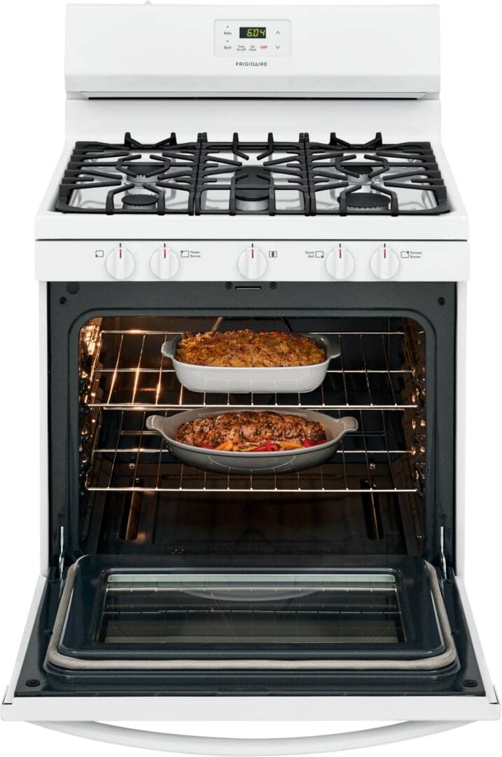 Frigidaire FCRG3052AW 30 Inch Freestanding Gas Range with 5 Sealed Burners, 5 Cubic Feet Oven Capacity in White - Perfect for Home Kitchens, Baking, and Family Cooking