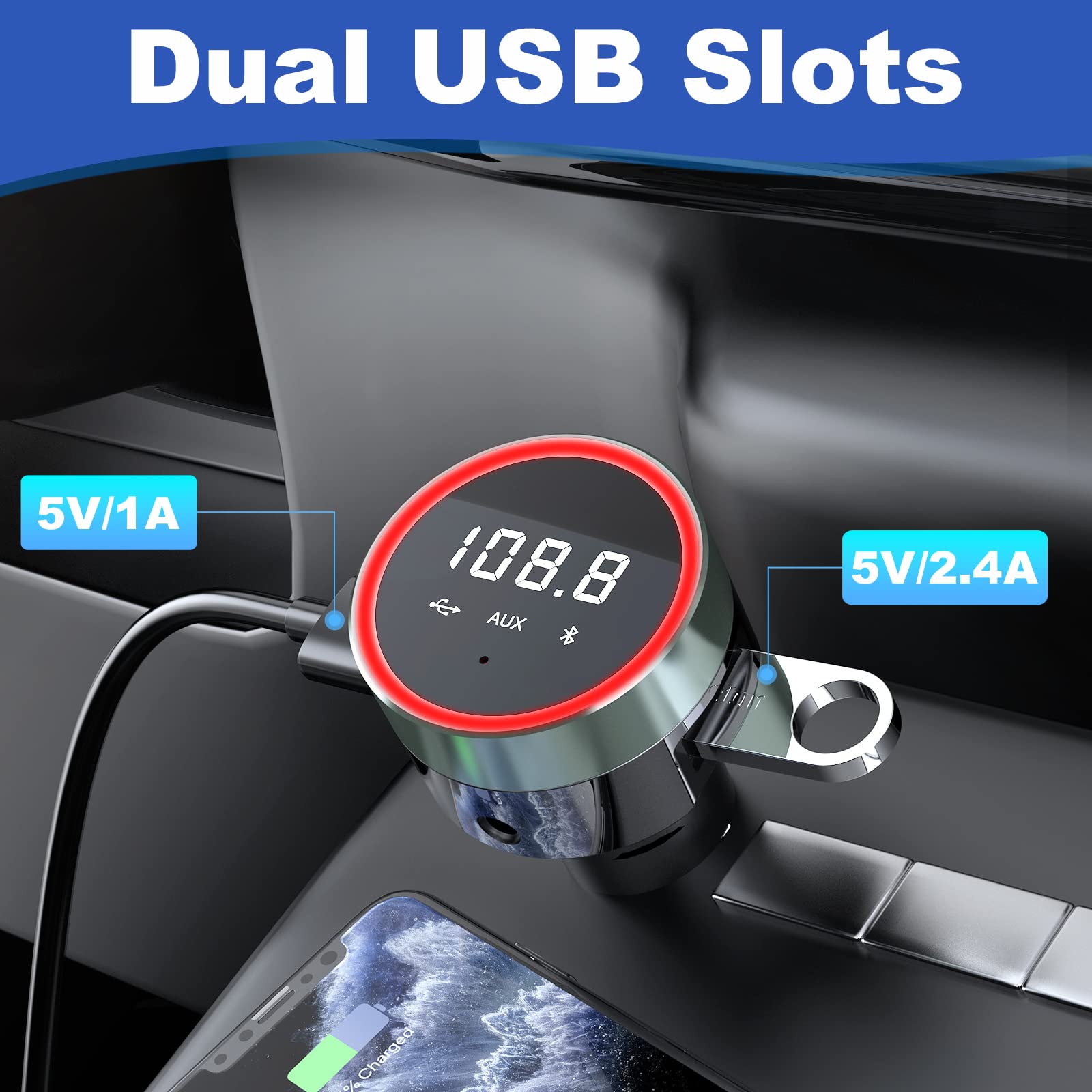 MEIDI Bluetooth Car Adapter - Wireless FM Transmitter with Remote Control & Dual USB Fast Charger - Hands-Free Car Kit for iPhone Android - MP3 Player & Noise Cancelling for Road Trips Commuting Music Streaming