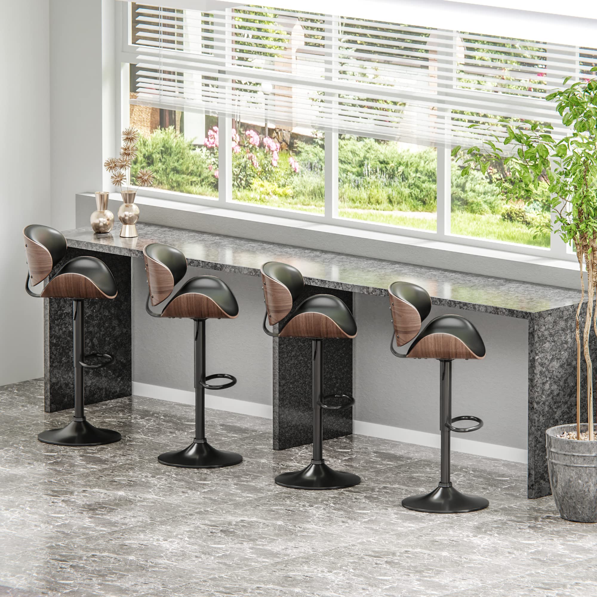 ONME Adjustable Height Swivel Bar Stools Set of 2 - PU Leather Upholstered Counter Stools with Back Support & Footrest - Modern Bar Chairs for Kitchen Island, Home Bar, Dining Room & Breakfast Nook - Dark Black