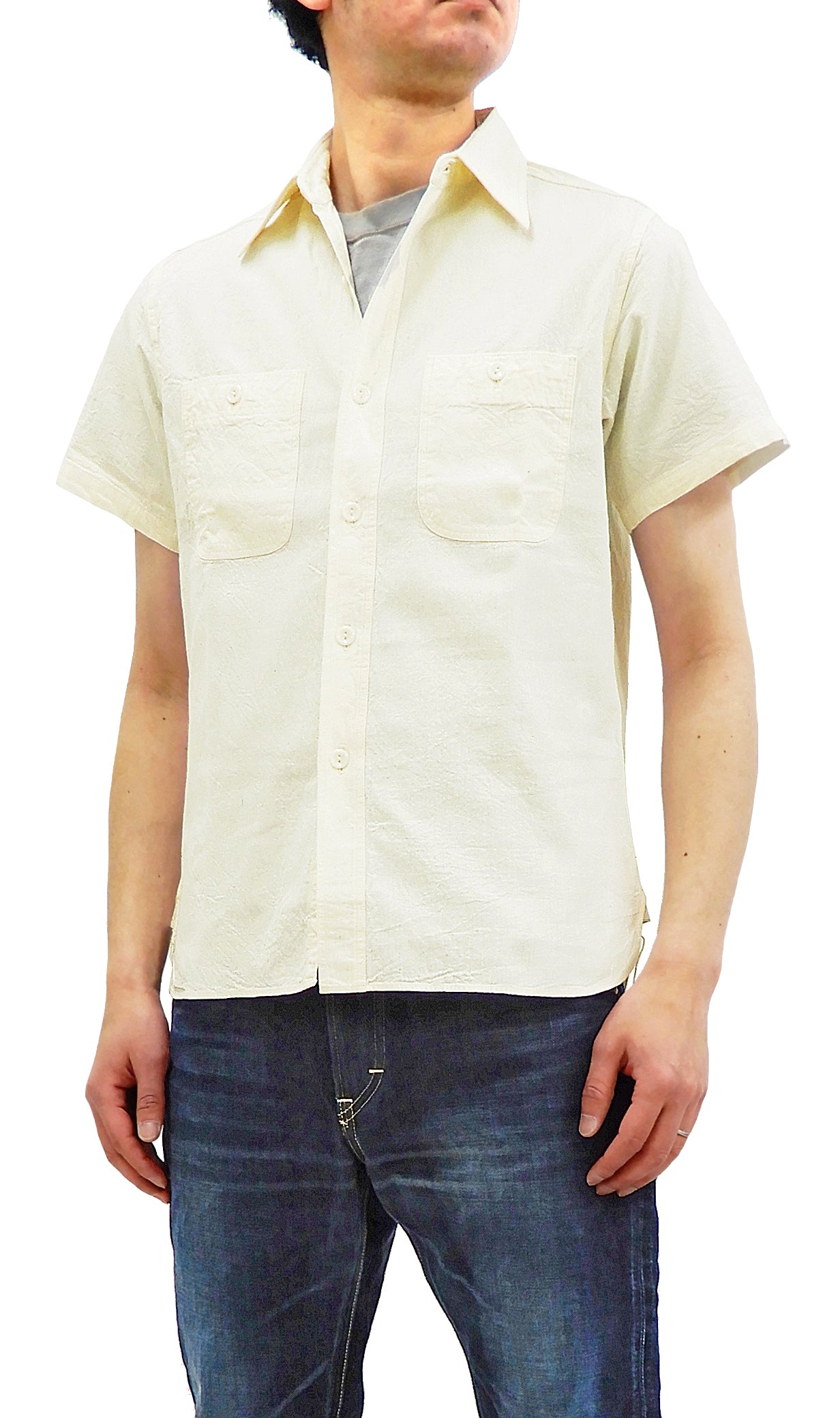 Buzz Rickson Men's U.S. Military Style Short Sleeve Chambray Button-Up Shirt - BR35857 in Ecru - Perfect for Casual Wear, Outdoor Adventures & Vintage Style Enthusiasts