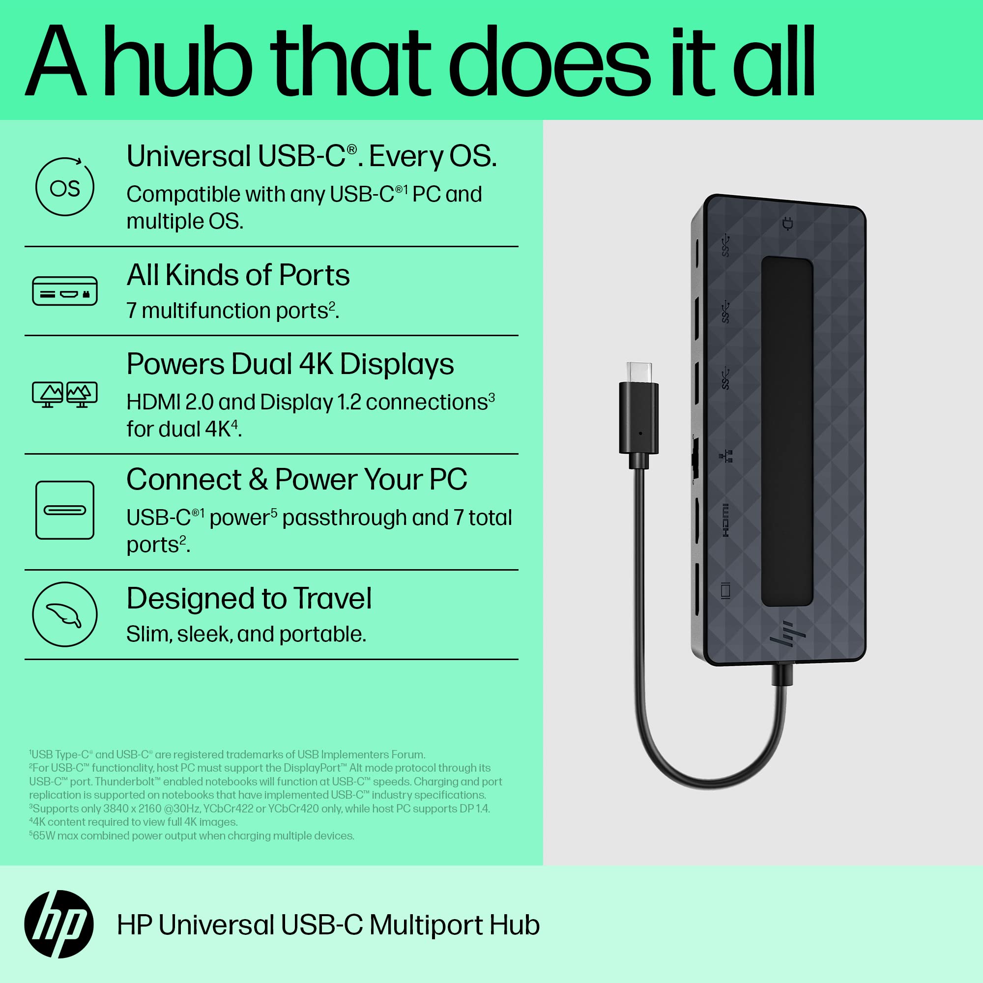 HP Universal USB-C Multiport Hub with HDMI, Ethernet, DisplayPort - 4K Dual Display Adapter with USB-A 3.2 & USB-C Passthrough (50H55AA) - Perfect for MacBook Pro/Air, Windows Laptops & Home Office Setup