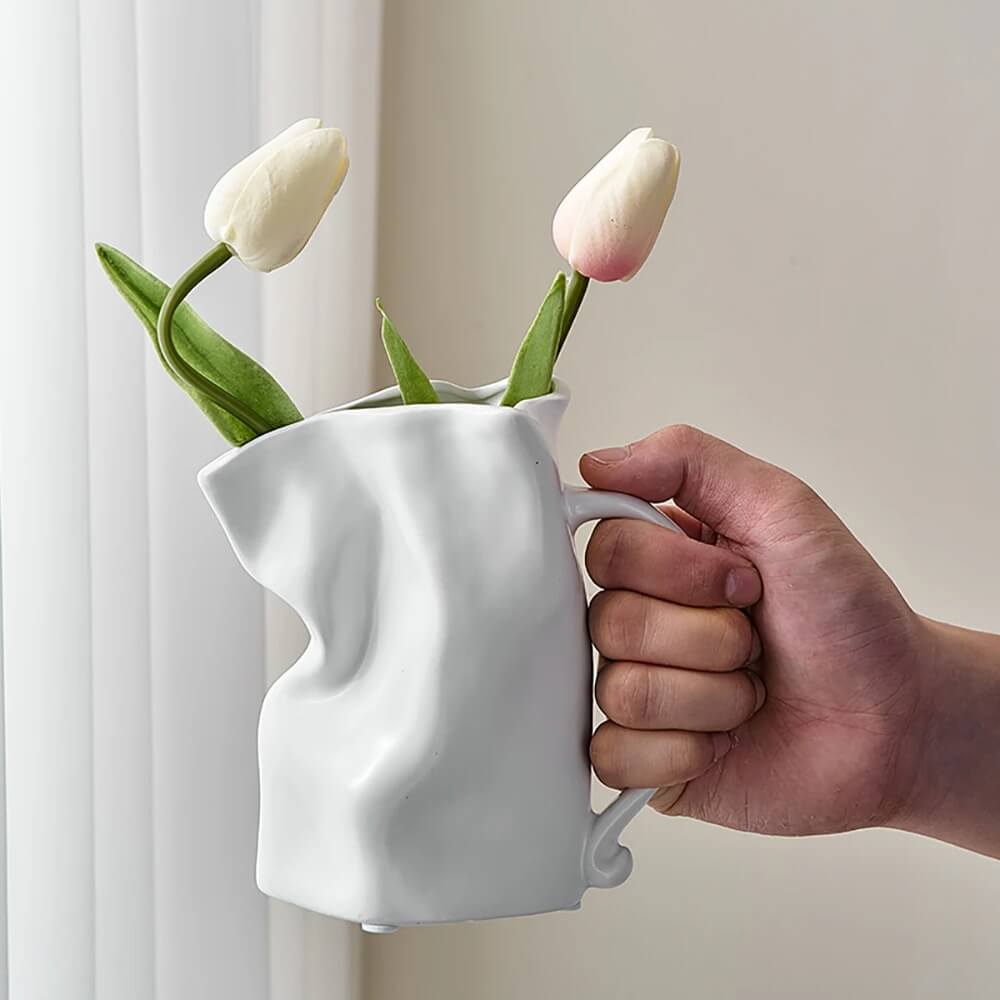 Crumpled Ceramic Mug Vase - Unique Handmade Coffee Cup Planter for Home Decor, Office Desk, and Gift Ideas