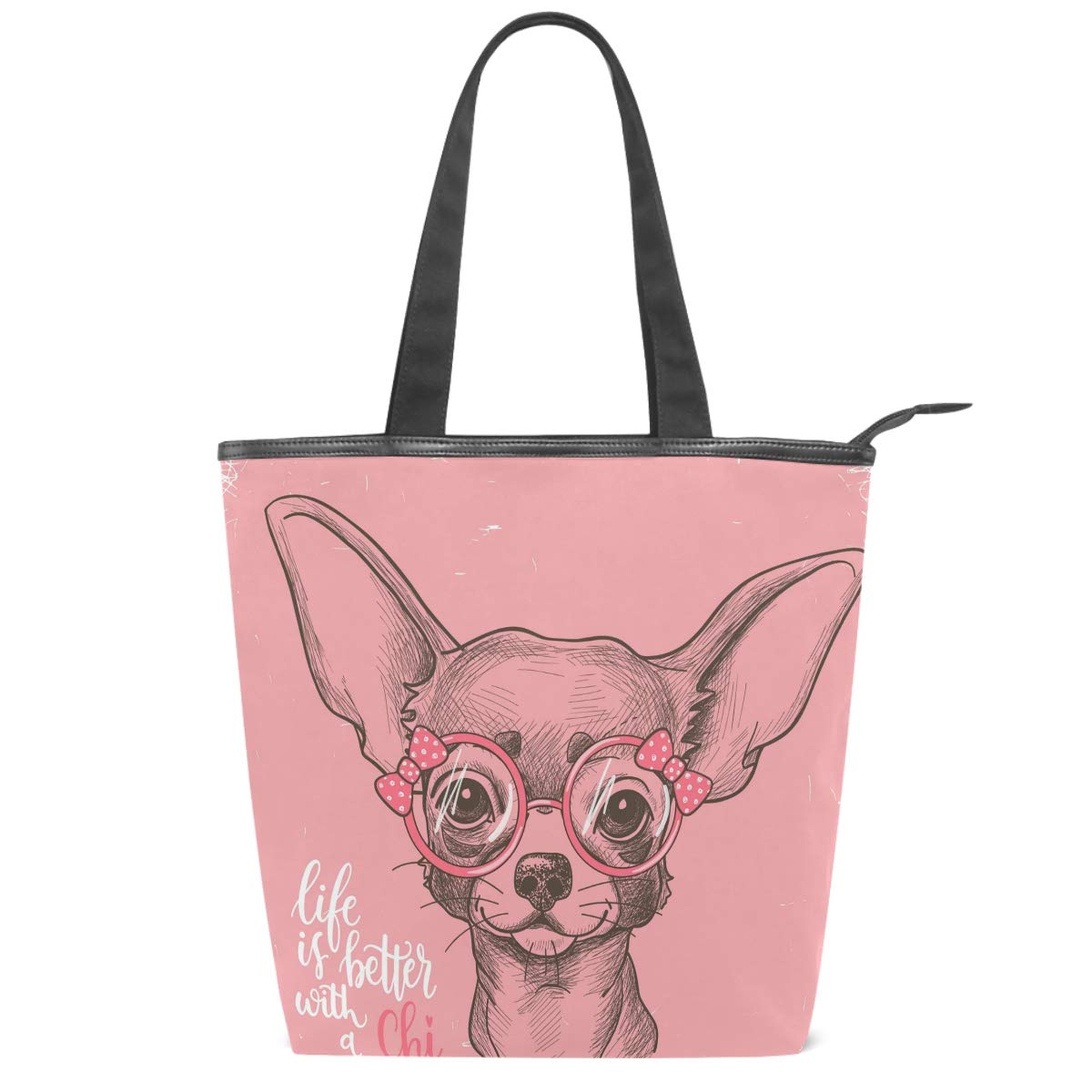 Stylish Pink Chihuahua Dog Print Canvas Tote Bag with Bow, Glasses & Star Heart Design - Reusable Zippered Shoulder Handbag for Women & Girls | Perfect for Grocery Shopping, Beach Trips & Casual Outings