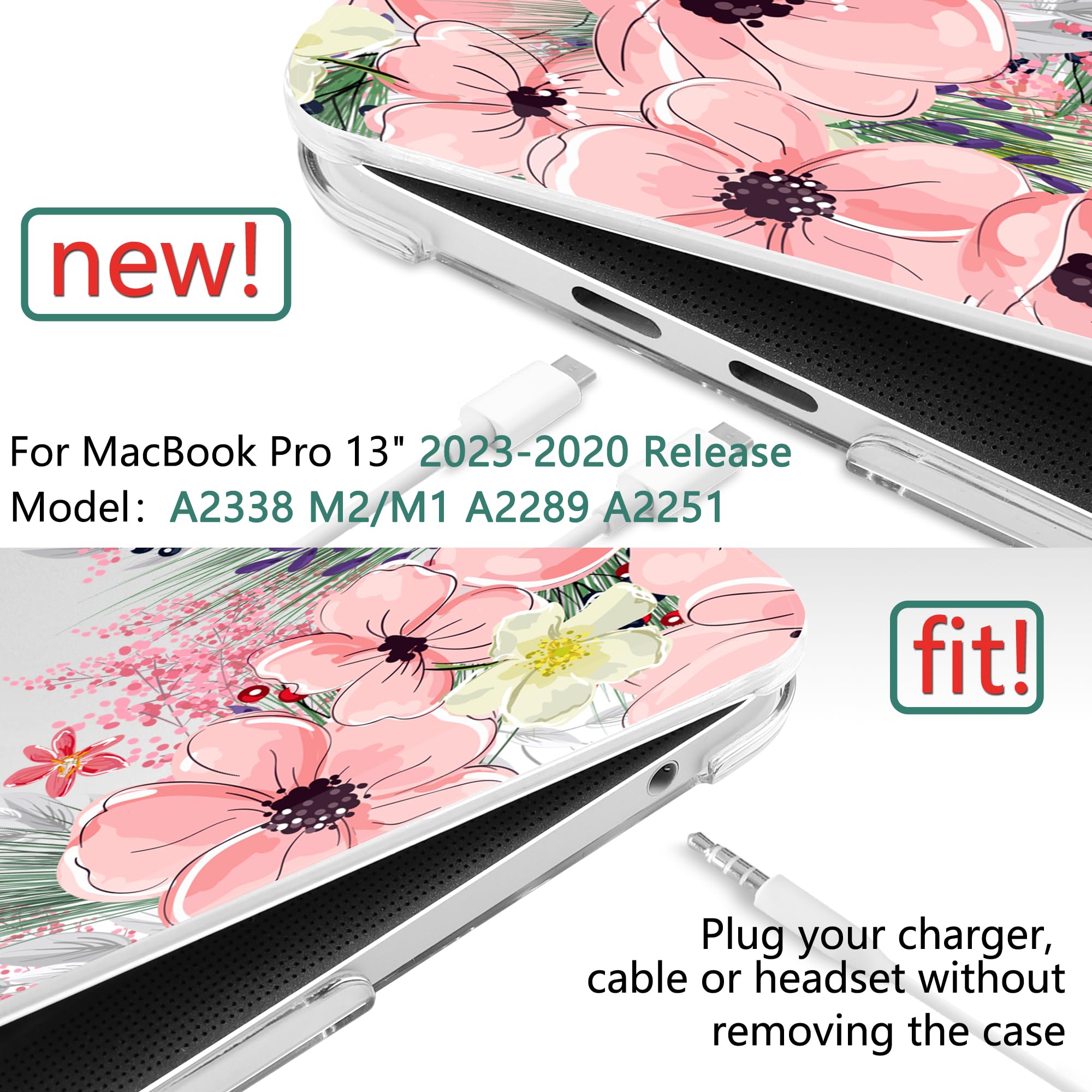 TwoL Hard Plastic Protective Case for MacBook Pro 13 inch (2020-2022 Models A2338 M2/M1 A2289 A2251) with Keyboard Cover & Screen Protector - Cute Flower Design | Perfect for Work, School & Travel Protection