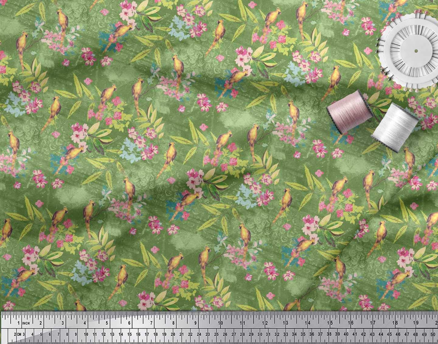 Soimoi Green Floral Bird Fabric - 52