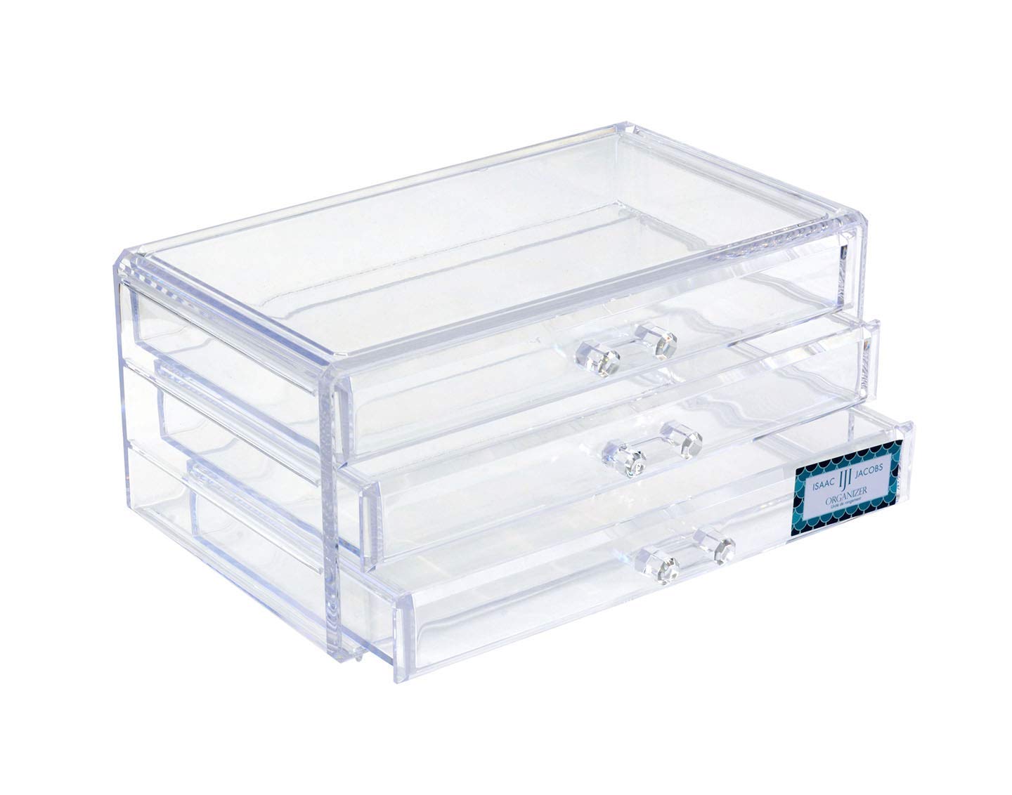 Isaac Jacobs Clear Acrylic 3-Drawer Stackable Jewelry Organizer - Cosmetic & Makeup Storage Case with 3 Drawer Trays - Perfect for Bedroom, Bathroom, Vanity & Dresser - Organize Necklaces, Rings, Earrings & Beauty Products