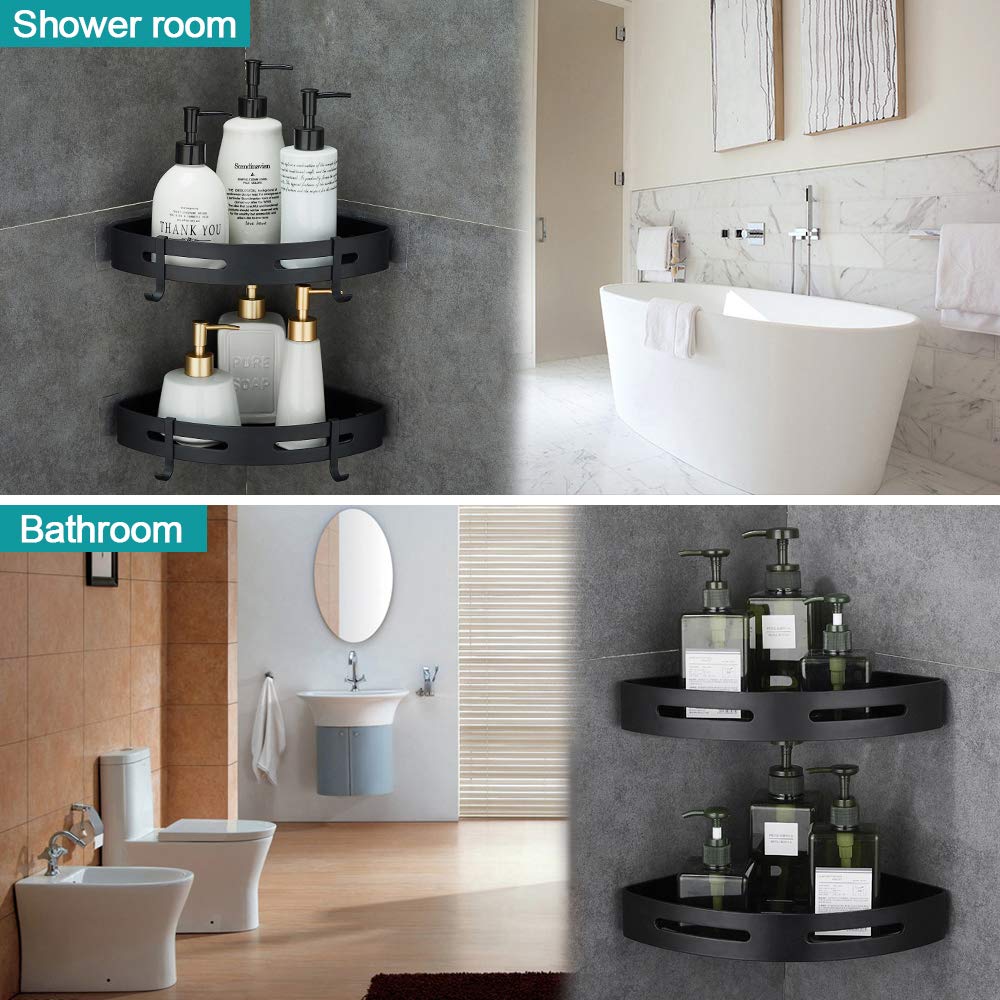 2-Tier Adhesive Corner Shelf - No Drilling Bathroom & Shower Caddy Organizer for Kitchen, Toilet | Space-Saving Storage Solution for Shampoo, Soap & Beauty Products