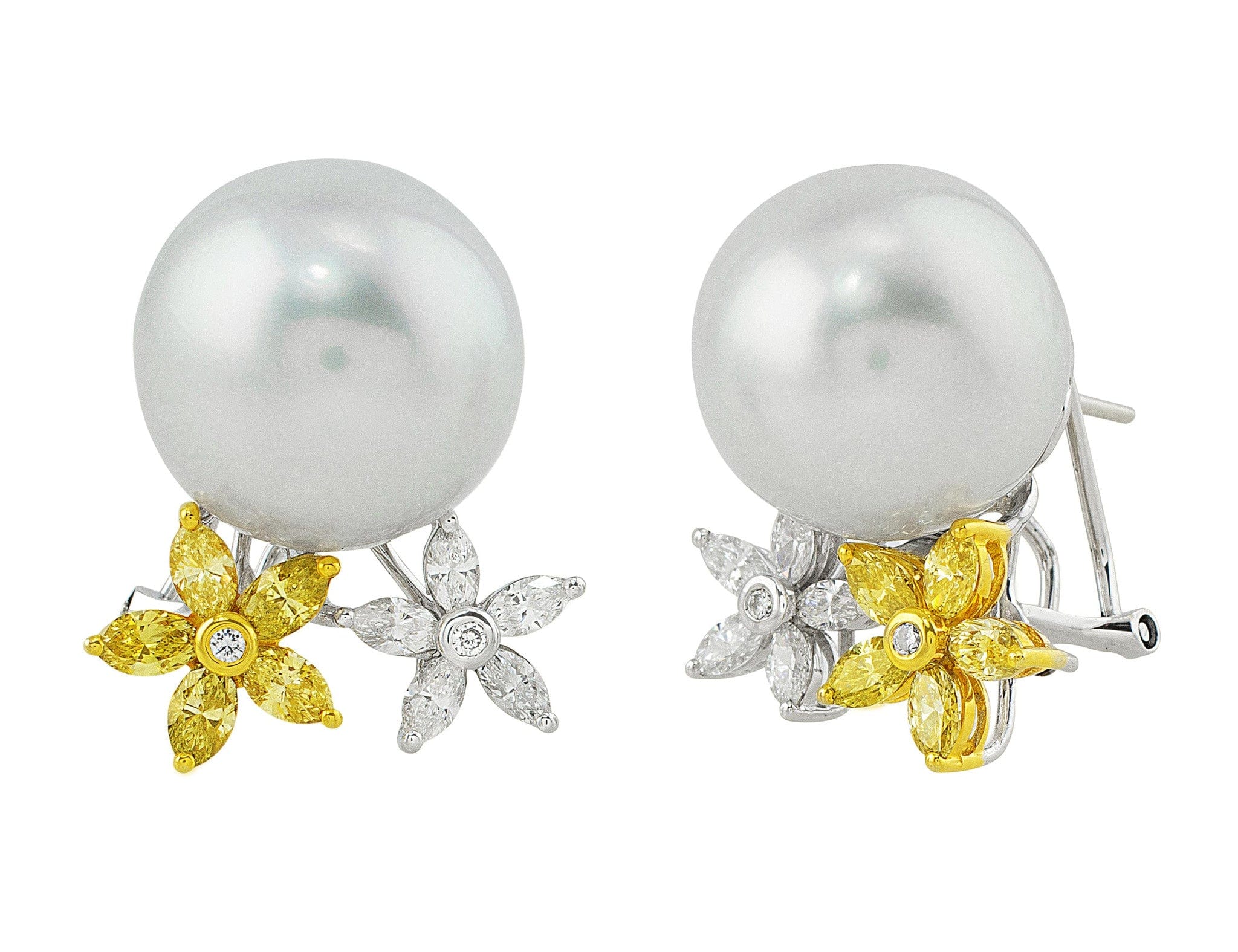 18K White Gold 16.7-17mm South Sea Pearl and Yellow Diamond Stud Earrings - Elegant Jewelry for Weddings, Parties & Special Occasions