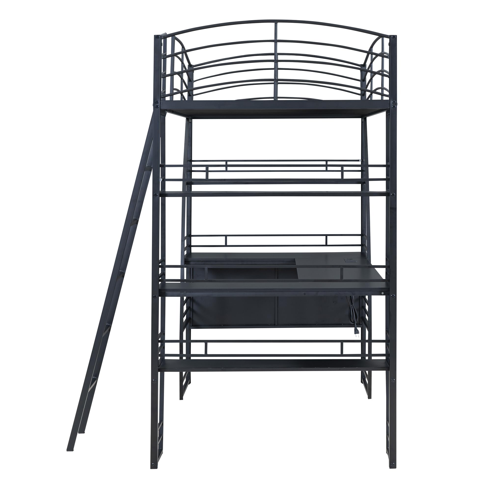 Harper & Bright Designs Twin Size Loft Bed with 4-Tier Shelves & L-Shaped Study Desk - Sturdy Metal Frame with Built-in USB Ports, Power Outlets & Wireless Charging - Space-Saving Black Loft Bed for Kids & Teens - Perfect for Small Bedrooms, Dorms & Studio Apartments