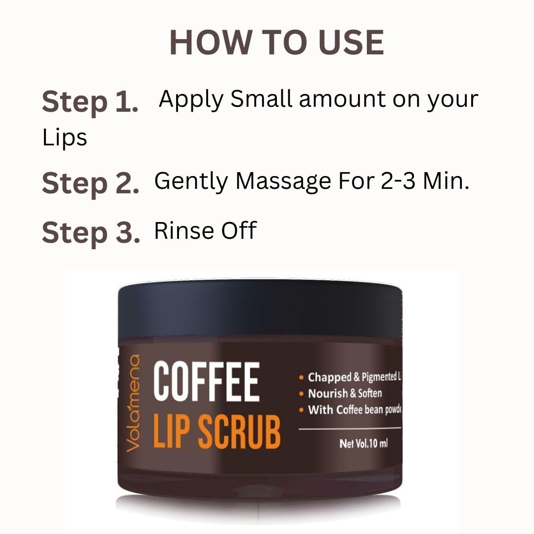Volamena Coffee Lip Scrub with Shea Butter & Hyaluronic Acid - Hydrating & Repairing Exfoliator for Dry, Chapped Lips (10ml) | Perfect for Winter Care & Pre-Makeup Prep
