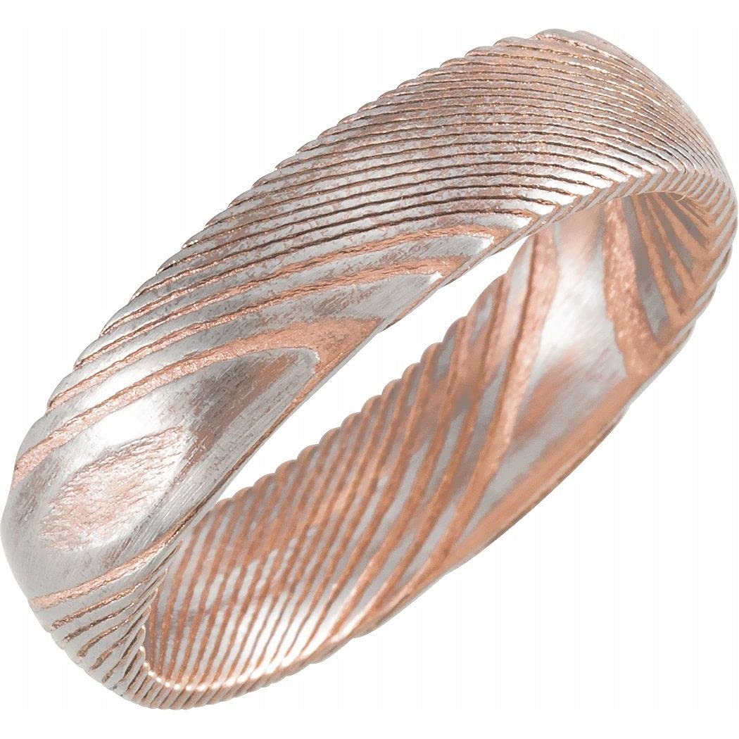18K Rose Gold Damascus Steel PVD Coated 6mm Polished Half Round Patterned Wedding Band Ring for Women - Size 5.5 to 13 - Perfect for Anniversary, Engagement, Valentine's Day & Everyday Wear Jewelry Gift