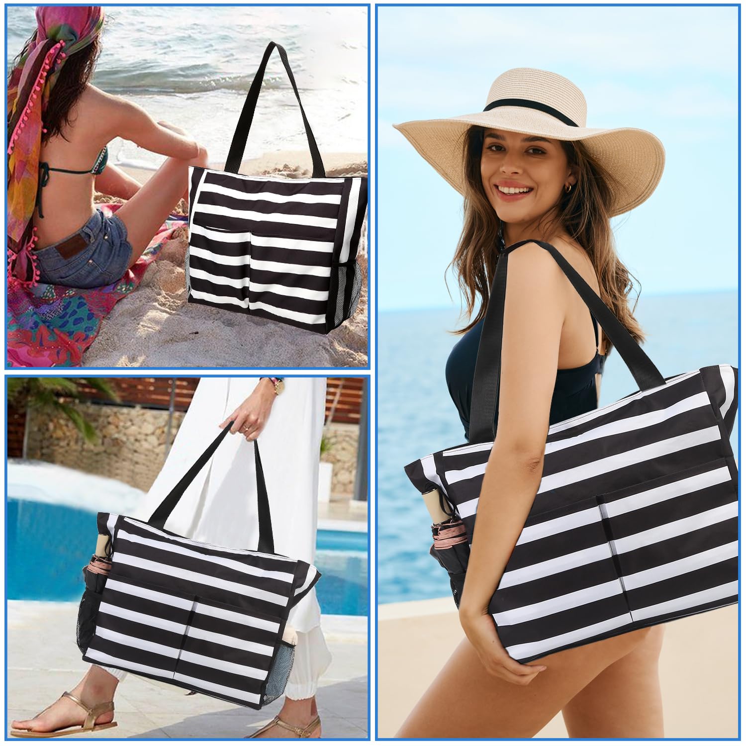 Waterproof Large Beach Tote Bag for Women with Zipper - Swim Pool Bag for Travel, Vacation & Summer Outings - Perfect for Beach Trips, Pool Parties and Weekend Getaways