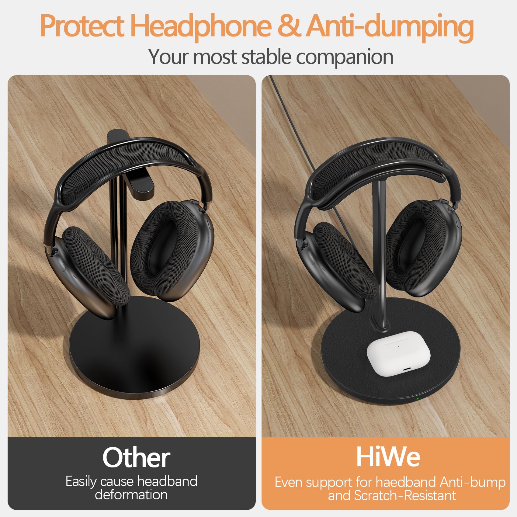 2-in-1 Wireless Charging Headphone Stand - Compatible with iPhone 15/14/13/12/11, Samsung, AirPods Pro/3/2 & All Gaming Headsets | Desktop Organizer with Fast Charging Dock for Office, Gaming Setup & Home Decor (Black)