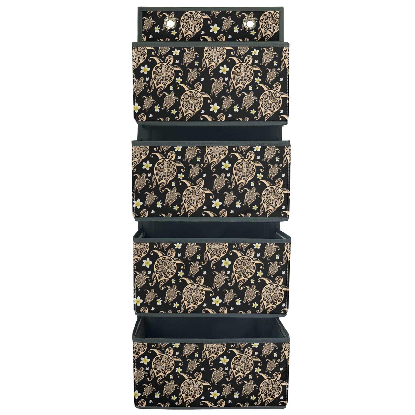 Bohemian Turtles Over Door Hanging Organizer with 4 Large Pockets & 2 Hooks - Storage Solution for Cosmetics, Pantry, Baby Nursery, Bathroom & Dorm - Gold Mandala Pattern Wall Hanging Storage Pouch - Perfect for Small Space Organization & Home Decor