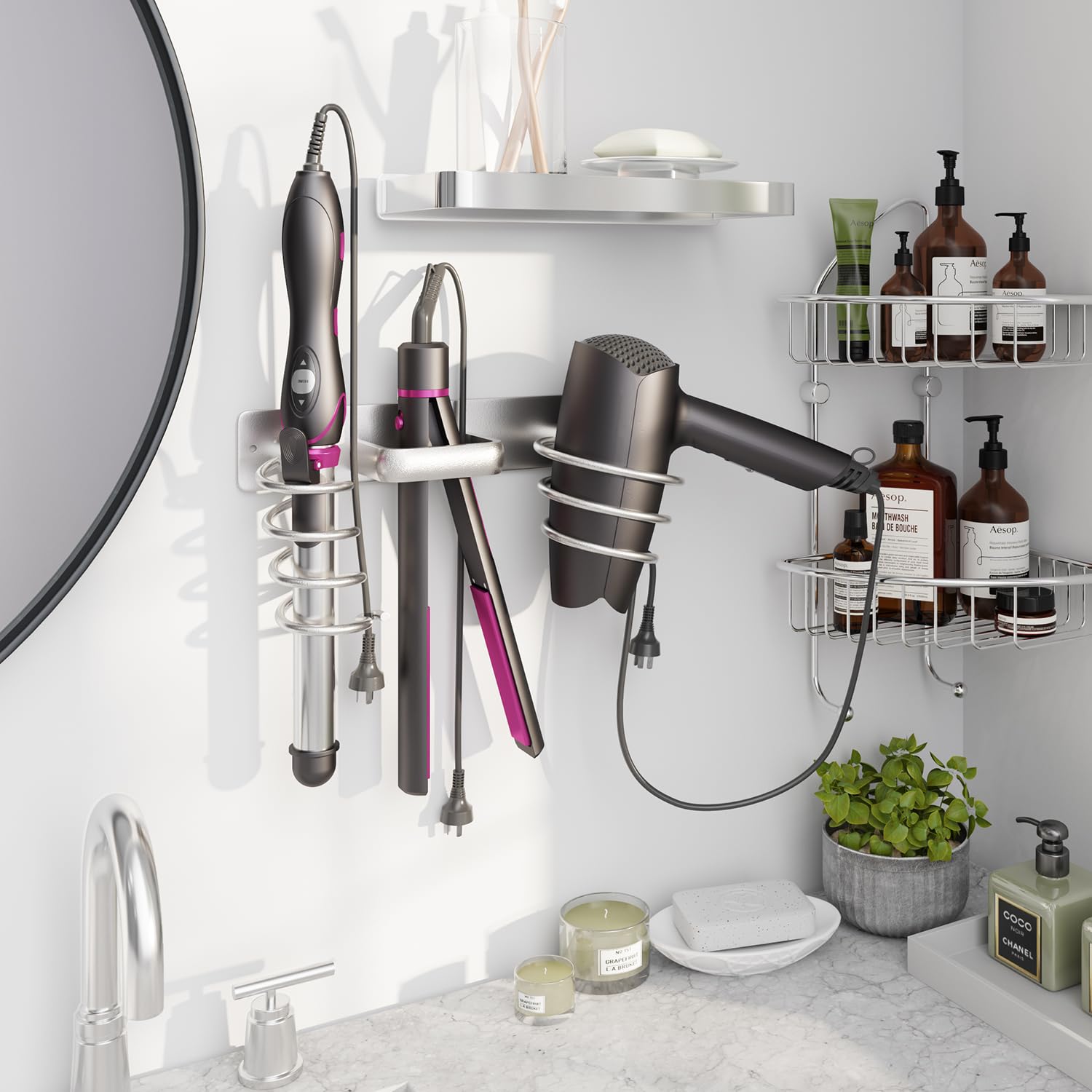 3-in-1 Wall Mounted Hair Dryer Holder & Organizer for Blow Dryer, Flat Iron, Curling Iron - Space Saving Bathroom & Bedroom Storage Solution (Silver) | Perfect for Salon, Home & Travel Styling Needs